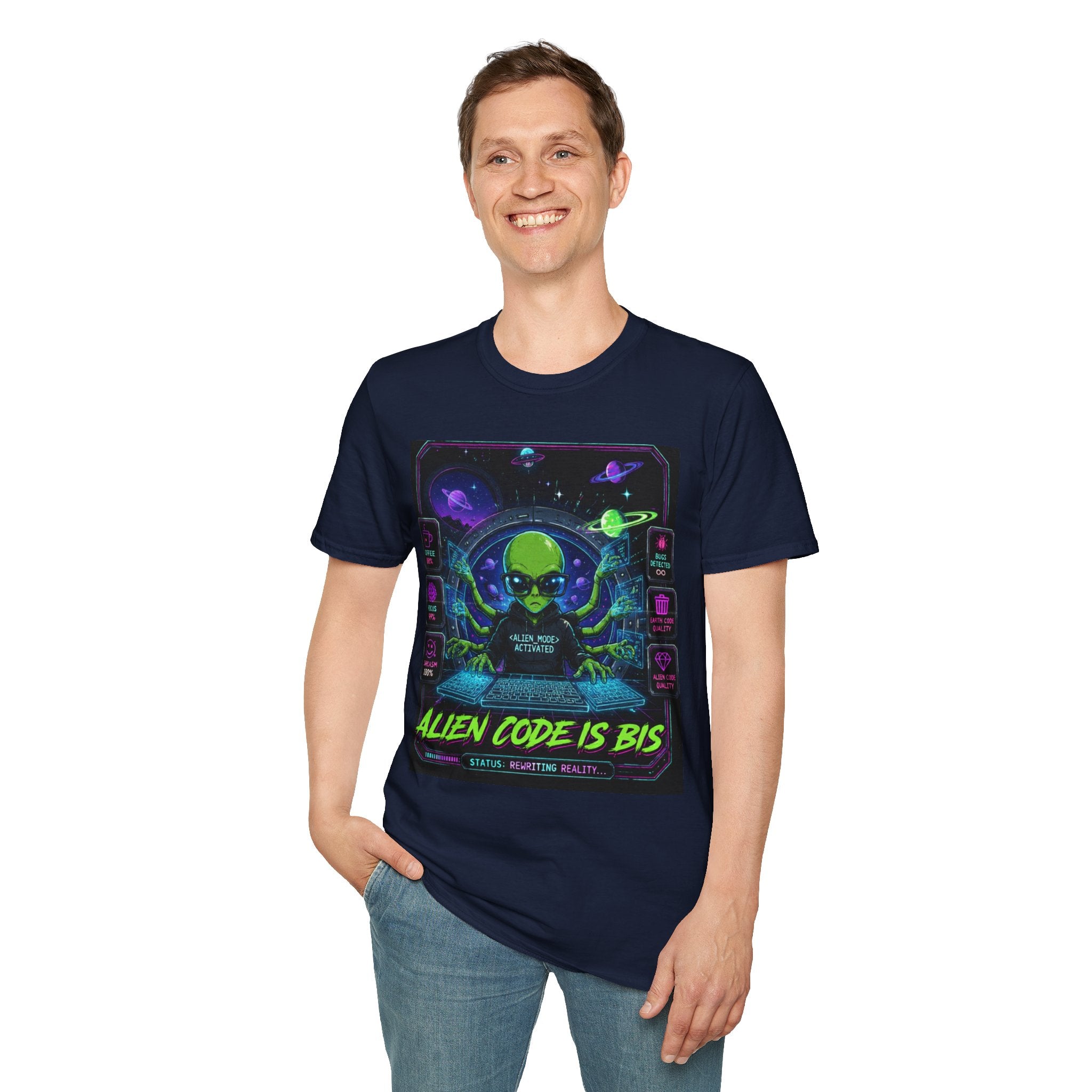 "Alien Code Is BIS" Neon Alien Programmer/Gamer Graphic Design T-Shirt