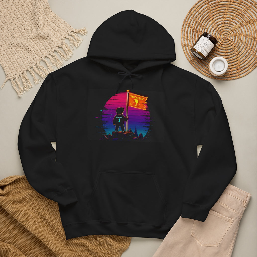 Retro Gamer "Player 1" Sunset Checkpoint Graphic Design Hoodie