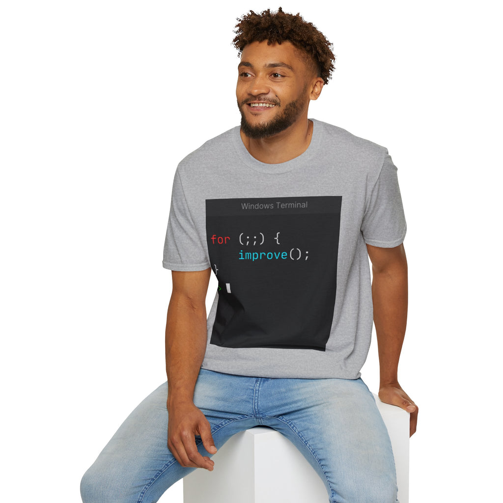 “for (;;){ improve(); }” Coding Terminal Motivational Graphic T-Shirt