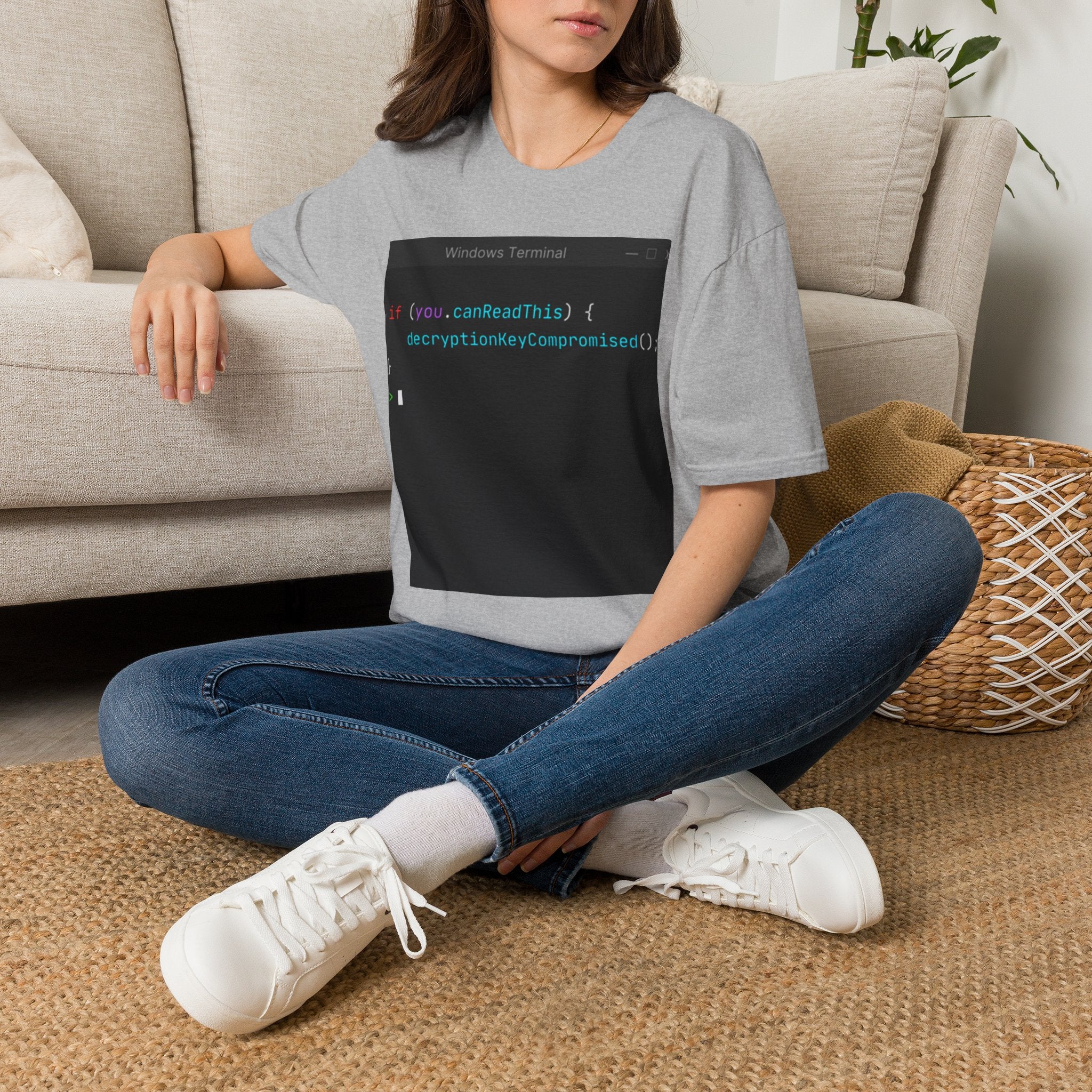 "if (you.canReadThis) { decryptionKeyCompromised(); }" Coding Terminal Tech Humor Graphic T-Shirt