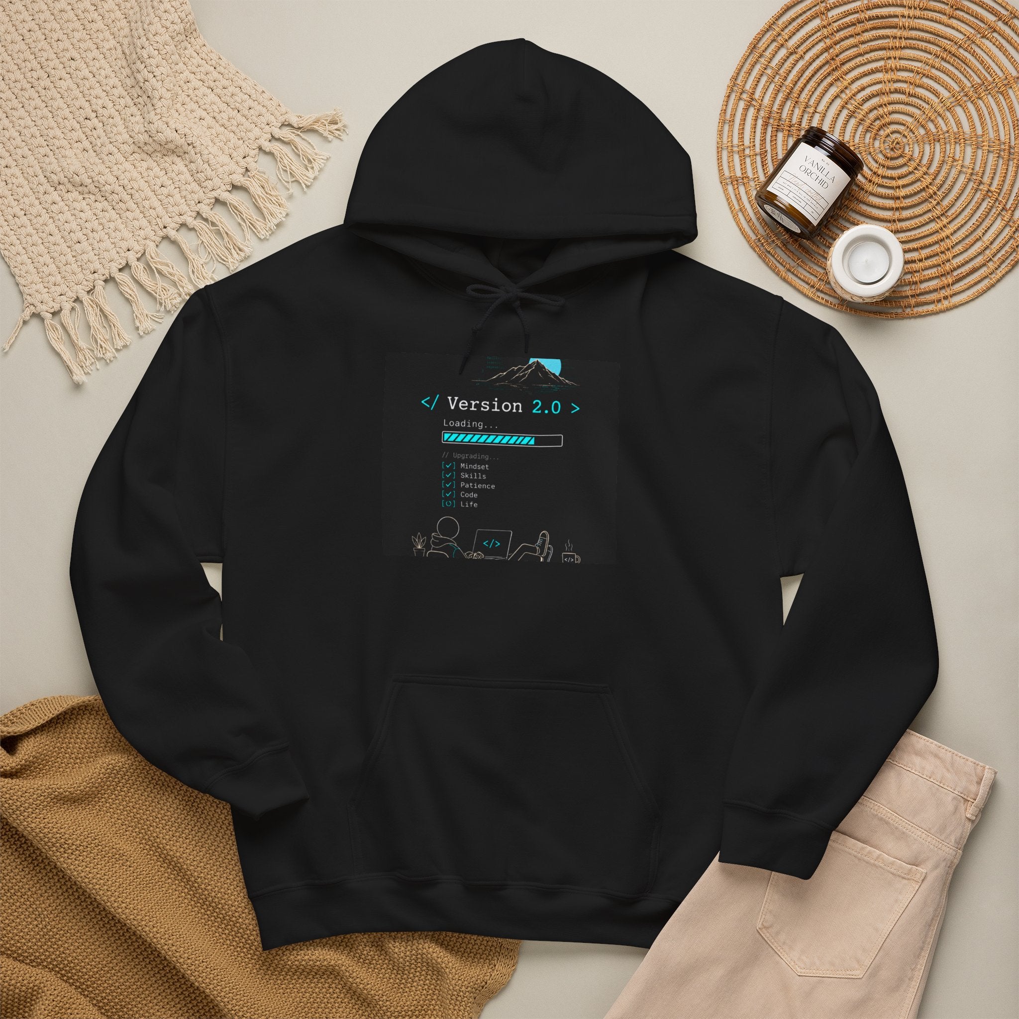 "Version 2.0" Motivational Programmer Coding Neon Black & Blue Hoodie