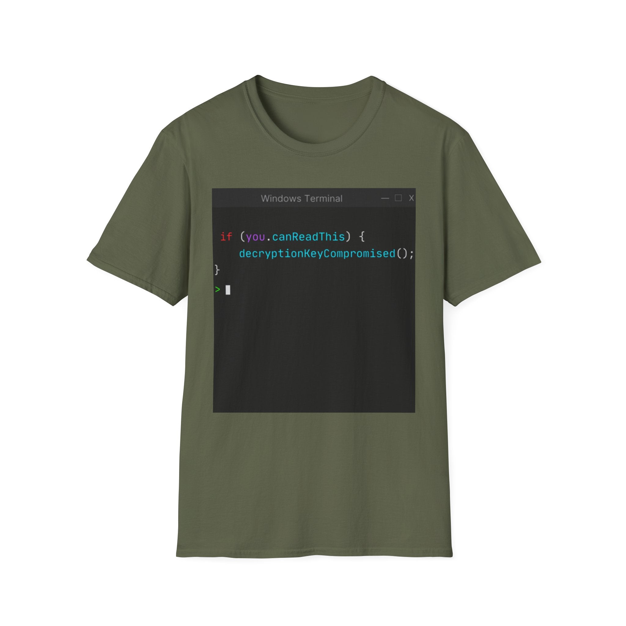 "if (you.canReadThis) { decryptionKeyCompromised(); }" Coding Terminal Tech Humor Graphic T-Shirt