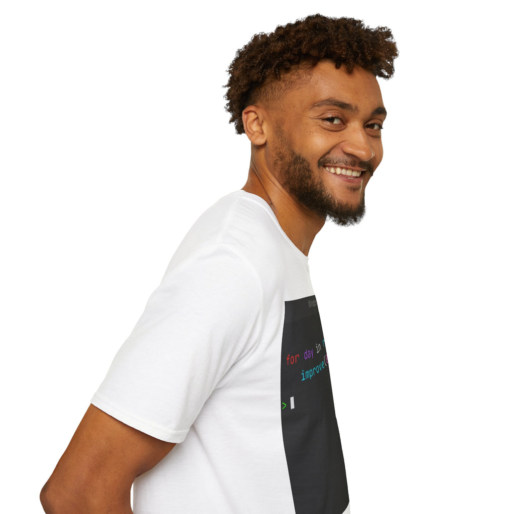 "for day in range(life): improve(0.01)" Coding Terminal Motivational Graphic T-Shirt