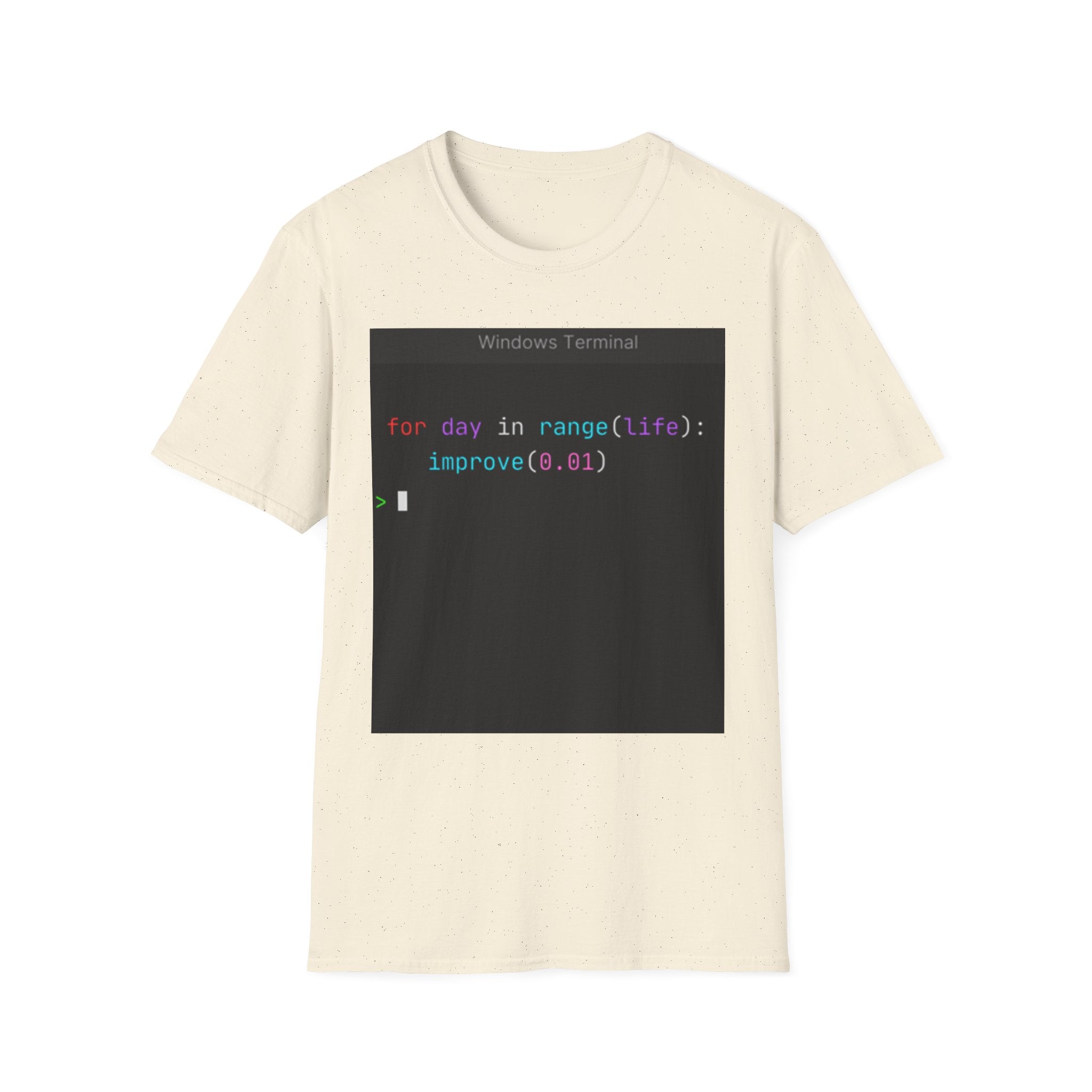 "for day in range(life): improve(0.01)" Coding Terminal Motivational Graphic T-Shirt