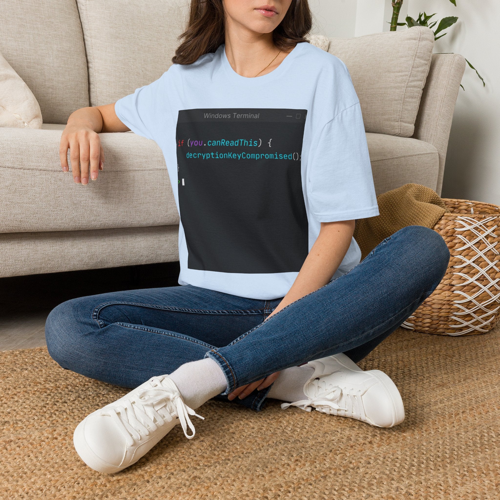 "if (you.canReadThis) { decryptionKeyCompromised(); }" Coding Terminal Tech Humor Graphic T-Shirt