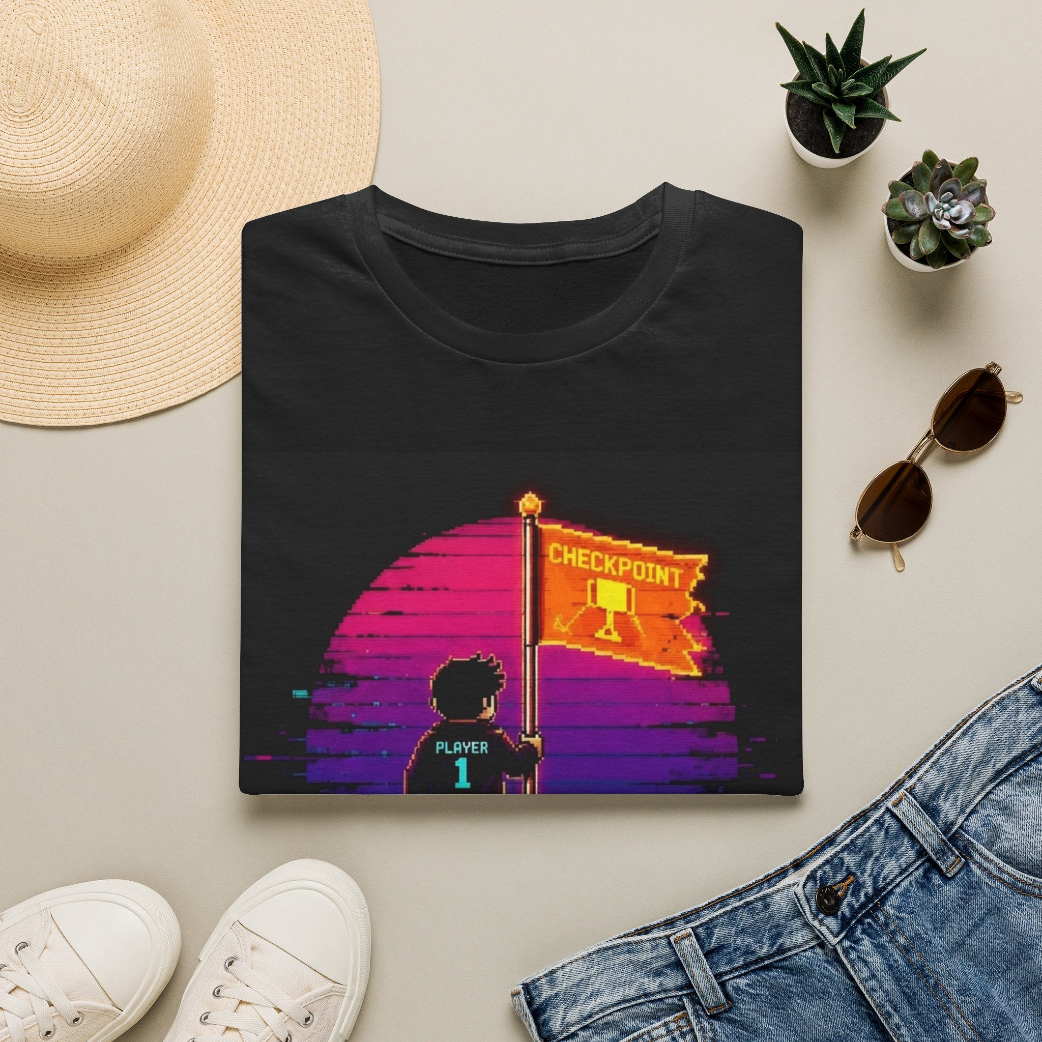 Retro Gamer "Player 1" Sunset Checkpoint Graphic Design T‑Shirt