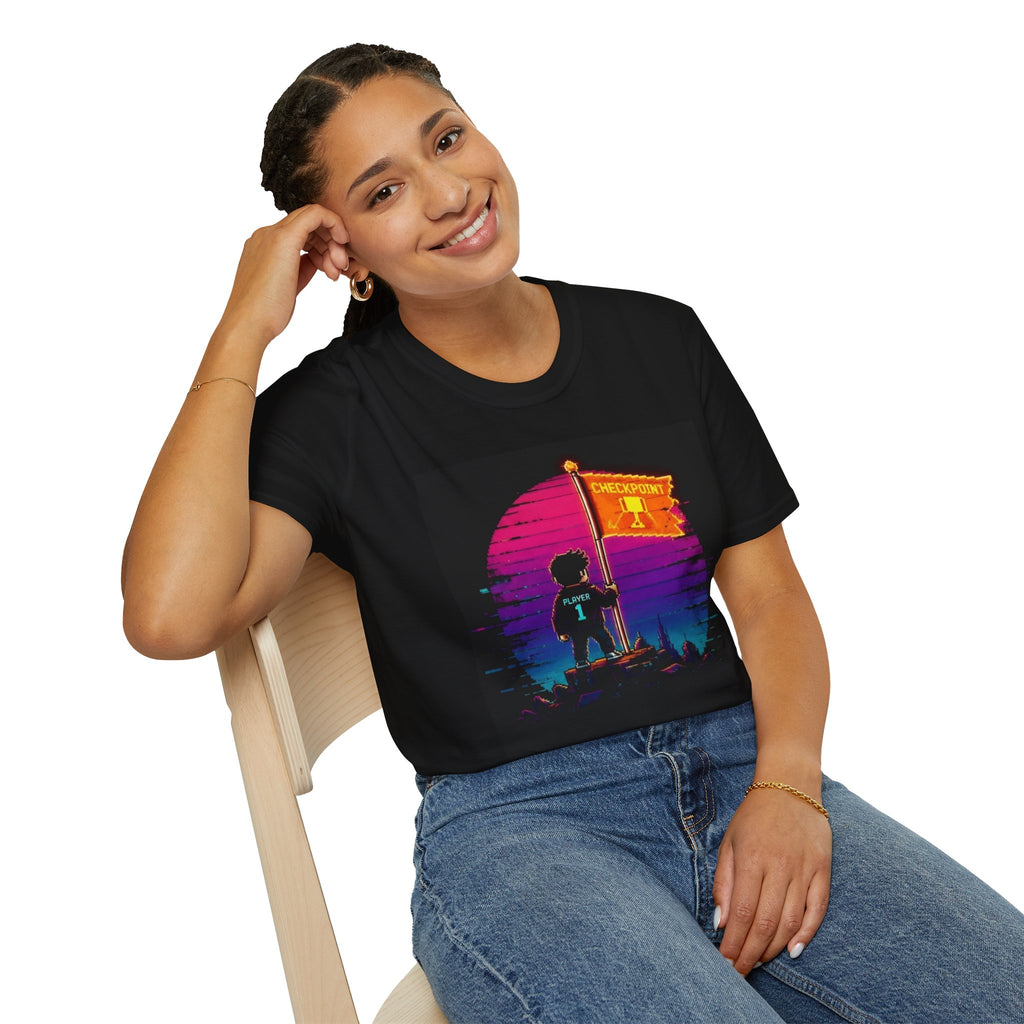 Retro Gamer "Player 1" Sunset Checkpoint Graphic Design T‑Shirt