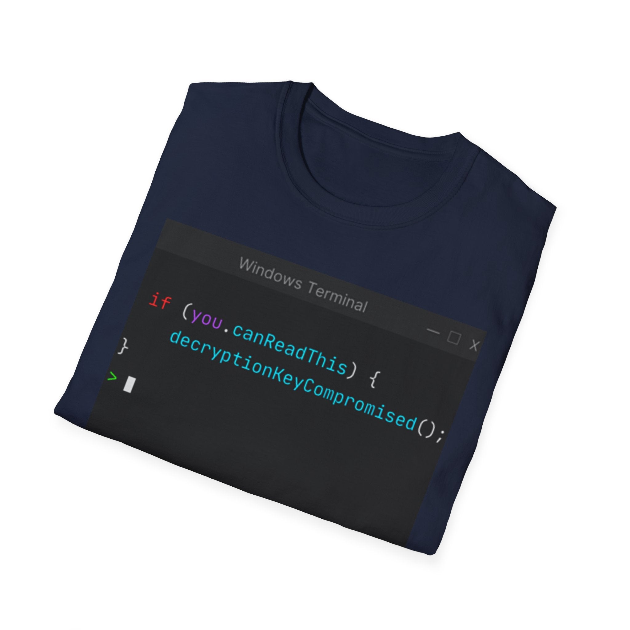 "if (you.canReadThis) { decryptionKeyCompromised(); }" Coding Terminal Tech Humor Graphic T-Shirt