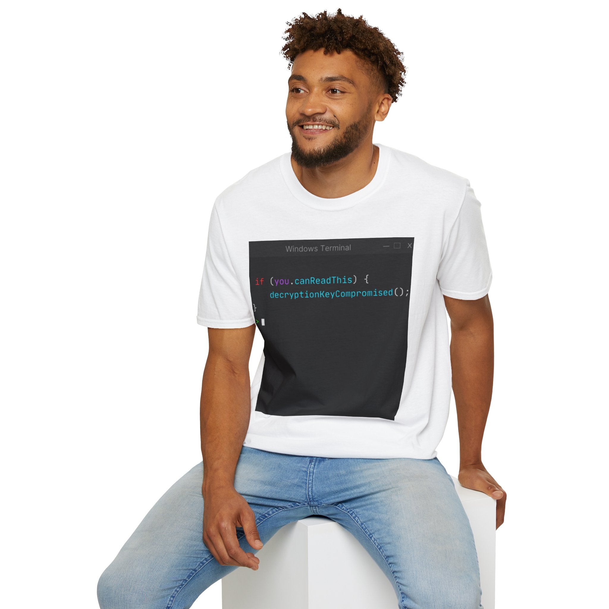 "if (you.canReadThis) { decryptionKeyCompromised(); }" Coding Terminal Tech Humor Graphic T-Shirt