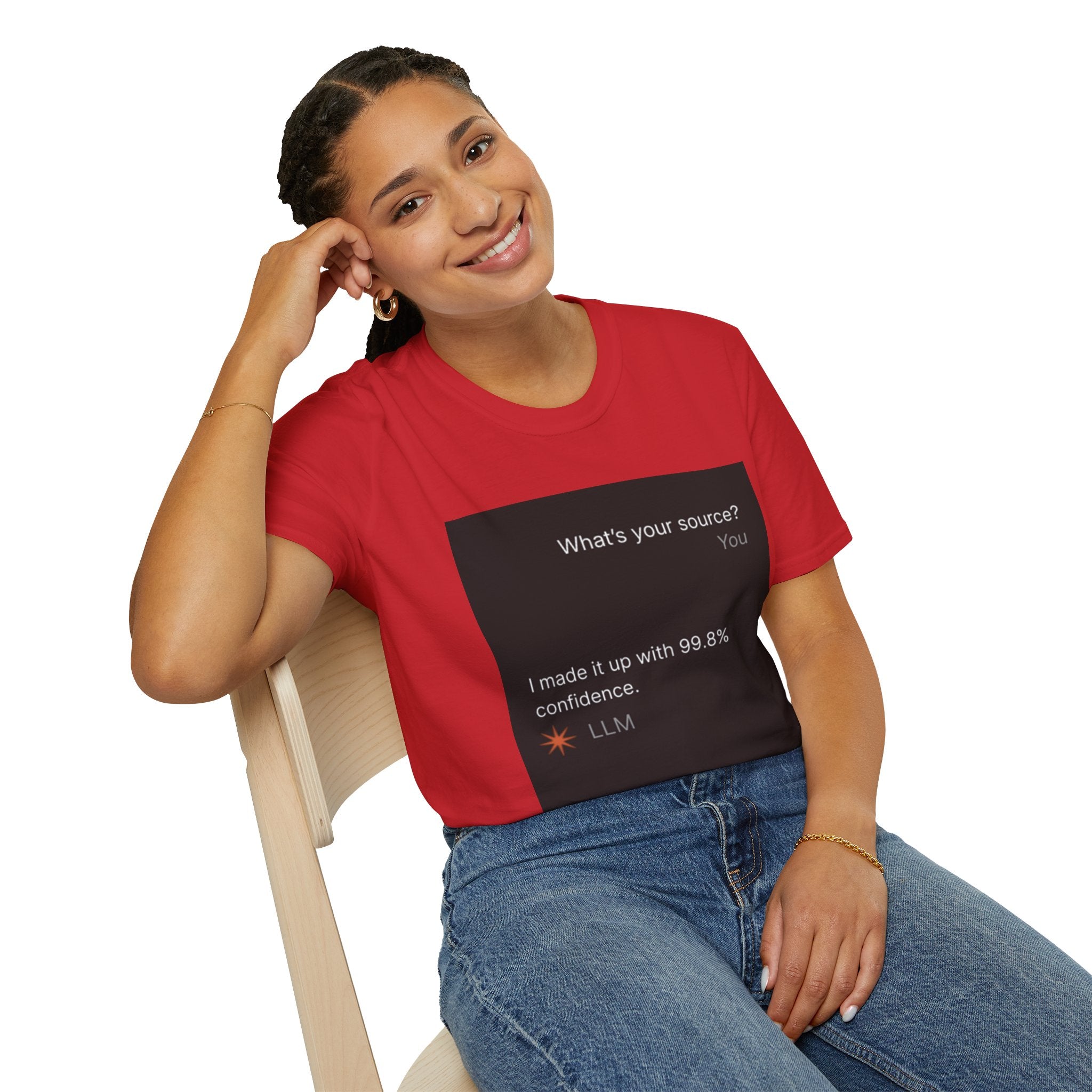 AI Chat (LLM) Tech Humor Graphic T-Shirt — "What's your source?"