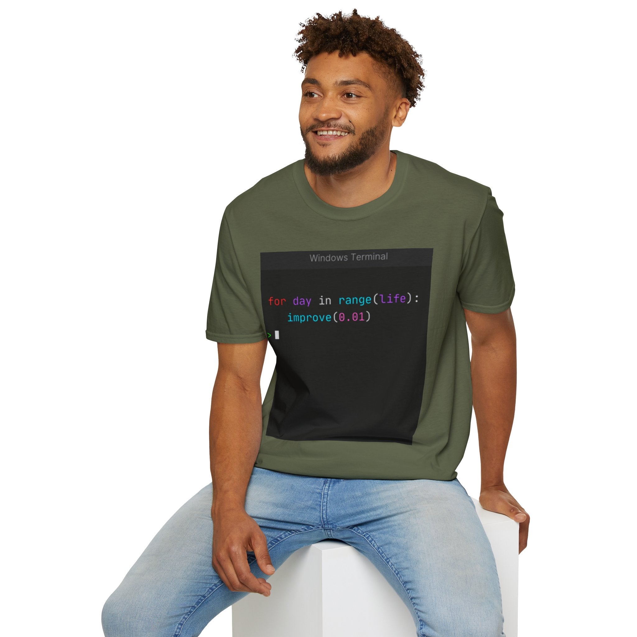 "for day in range(life): improve(0.01)" Coding Terminal Motivational Graphic T-Shirt
