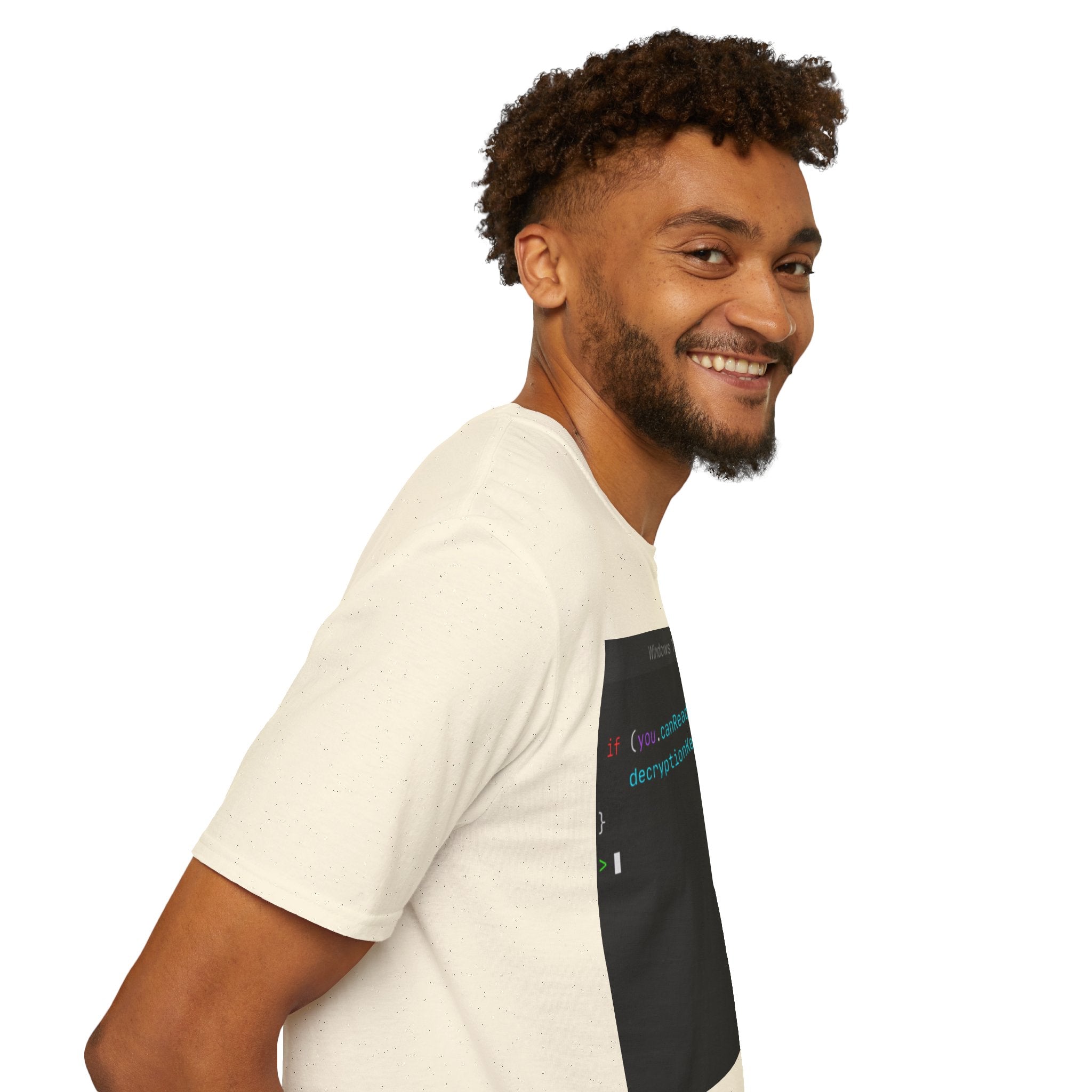"if (you.canReadThis) { decryptionKeyCompromised(); }" Coding Terminal Tech Humor Graphic T-Shirt
