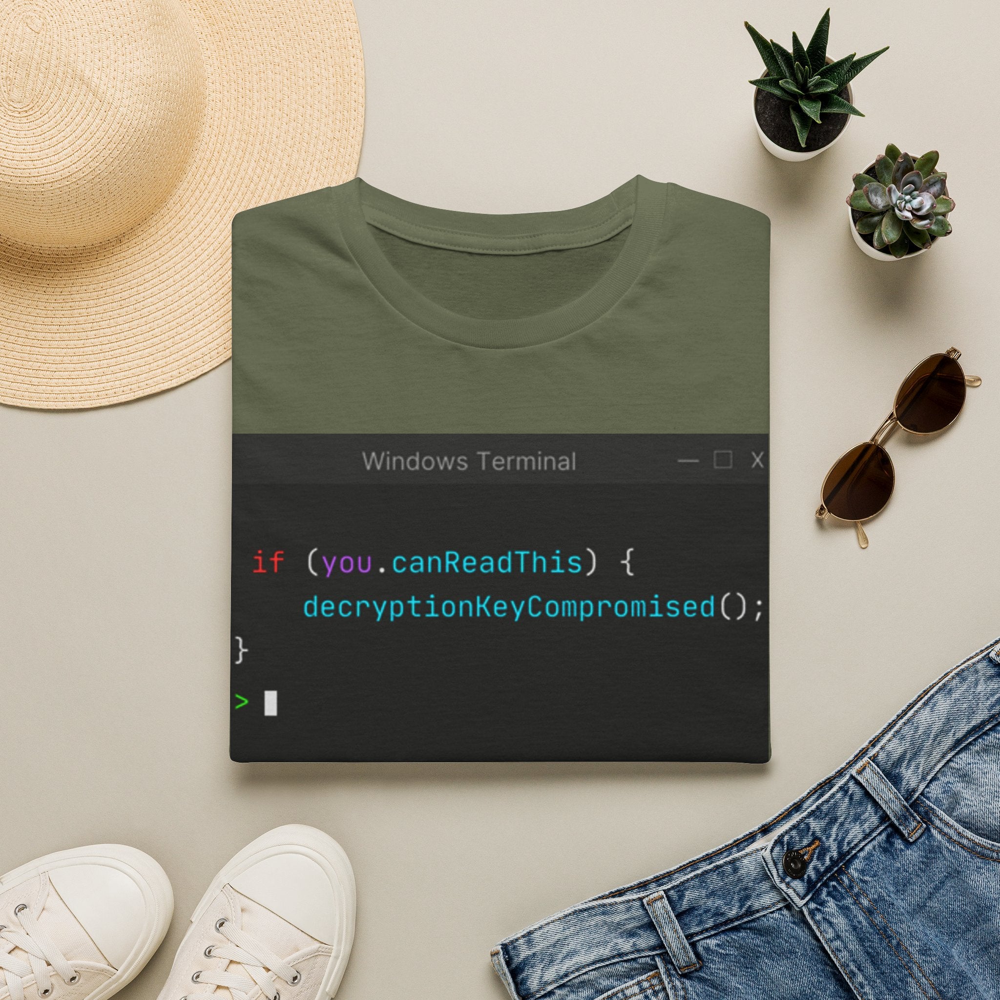 "if (you.canReadThis) { decryptionKeyCompromised(); }" Coding Terminal Tech Humor Graphic T-Shirt