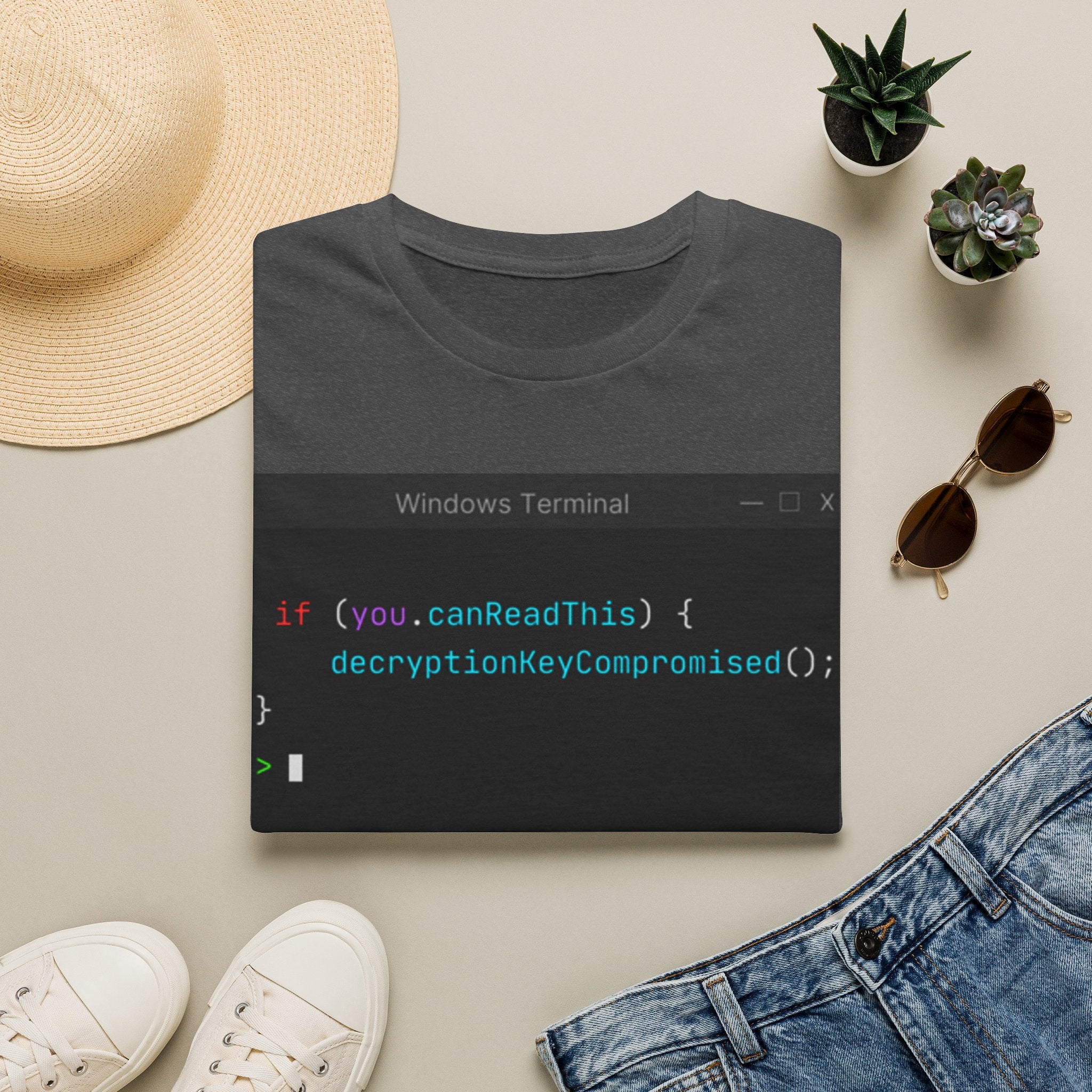 "if (you.canReadThis) { decryptionKeyCompromised(); }" Coding Terminal Tech Humor Graphic T-Shirt
