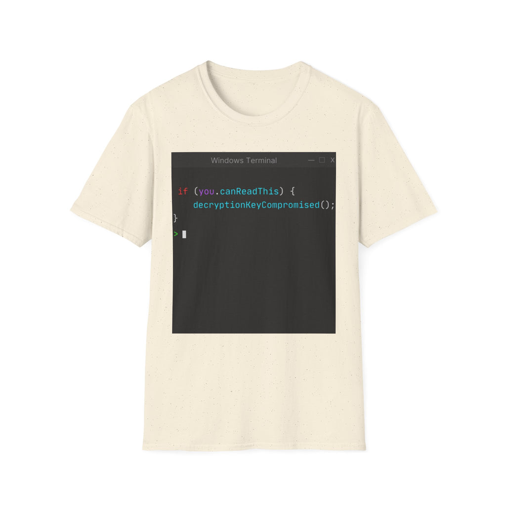 "if (you.canReadThis) { decryptionKeyCompromised(); }" Coding Terminal Tech Humor Graphic T-Shirt