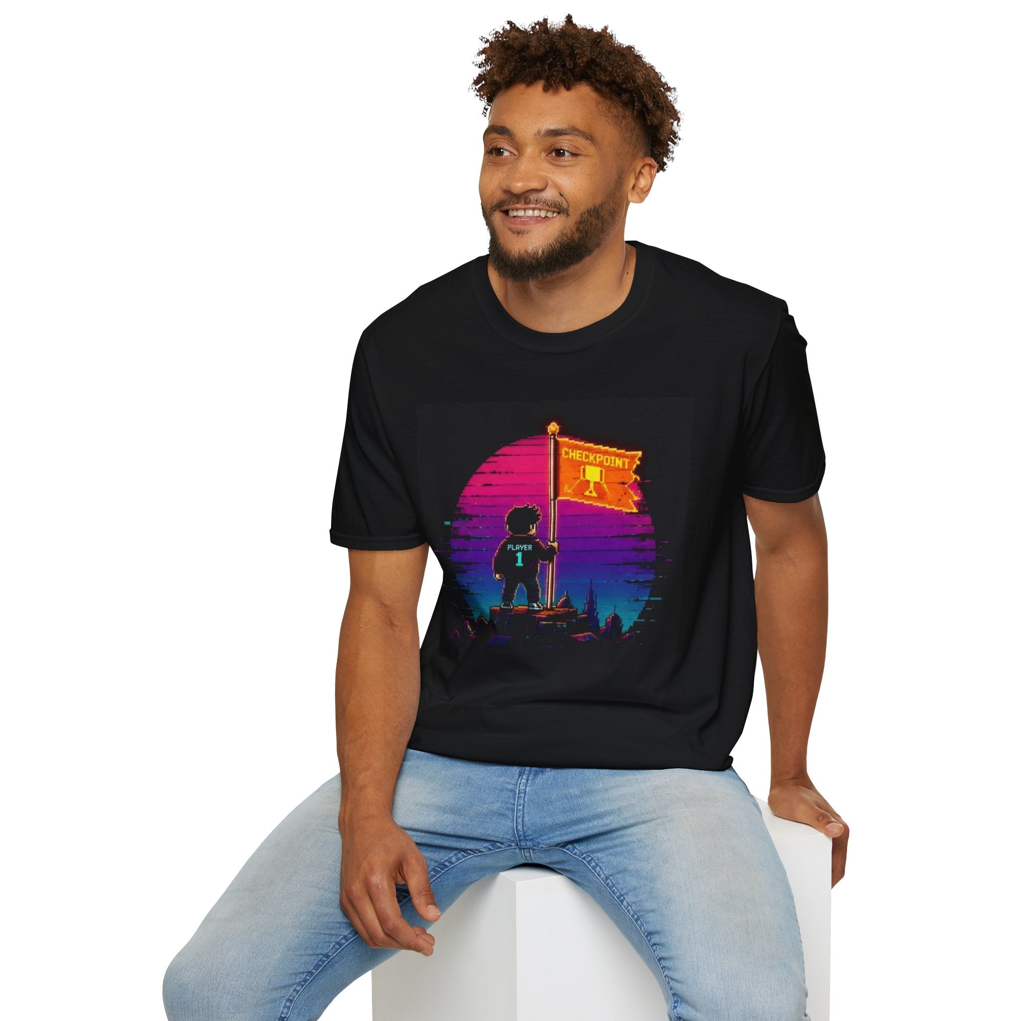 Retro Gamer "Player 1" Sunset Checkpoint Graphic Design T‑Shirt
