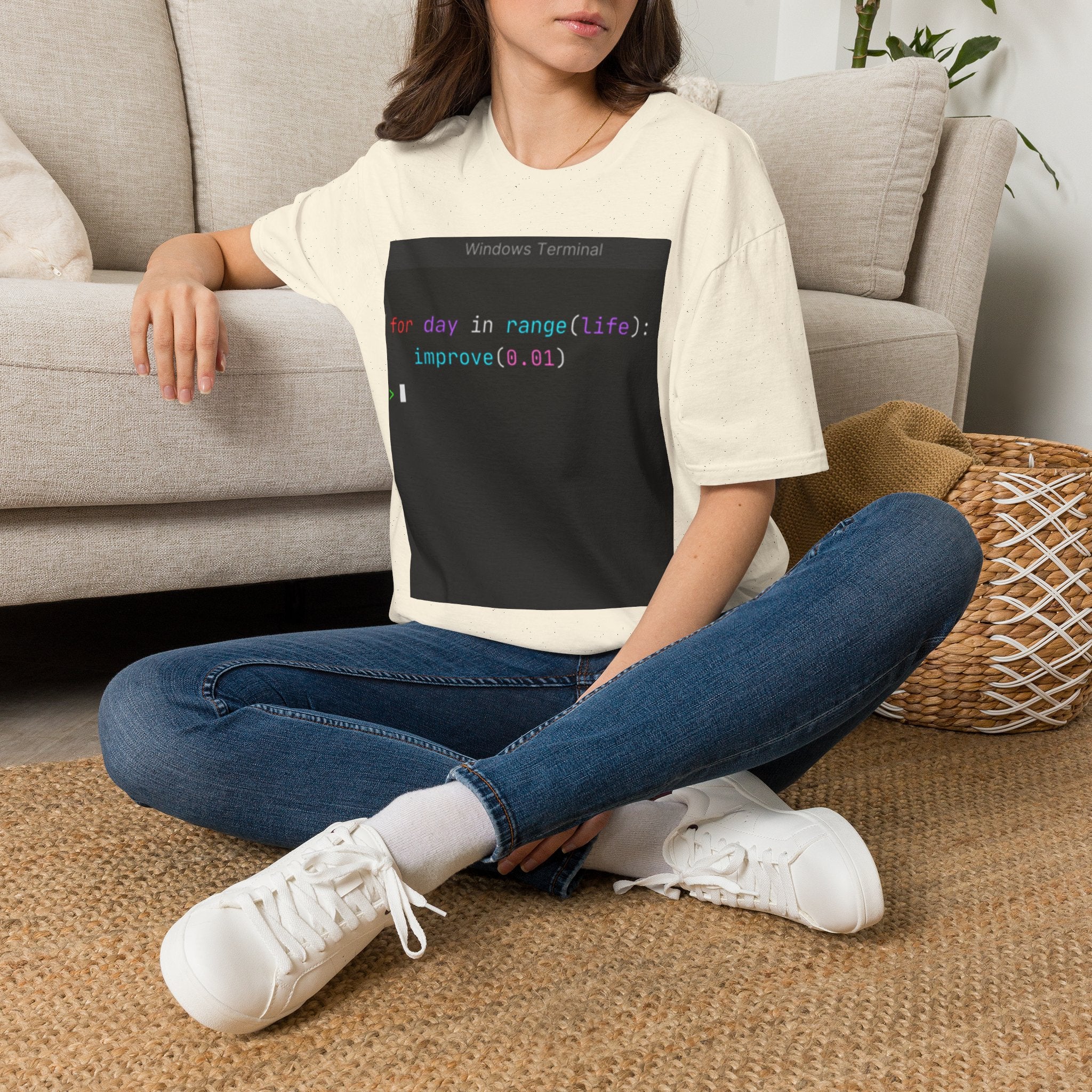 "for day in range(life): improve(0.01)" Coding Terminal Motivational Graphic T-Shirt
