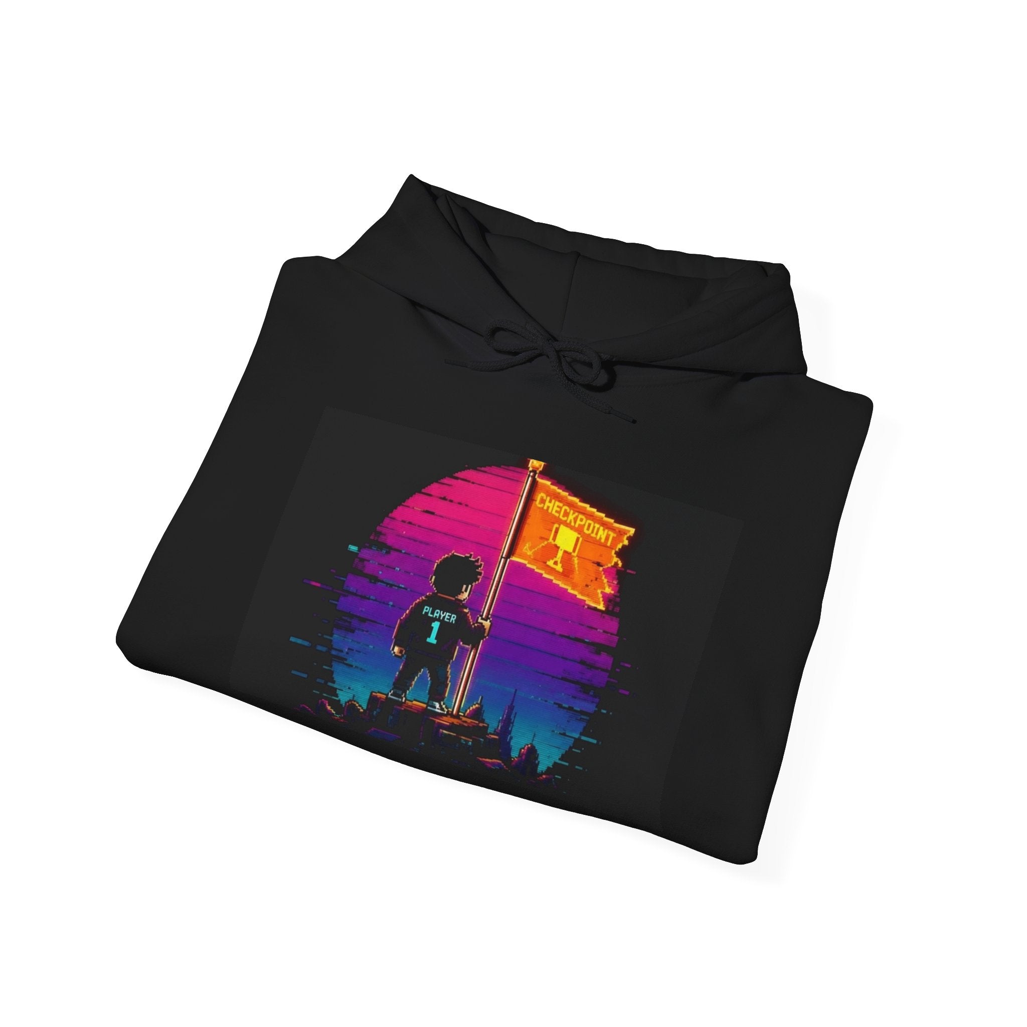 Retro Gamer "Player 1" Sunset Checkpoint Graphic Design Hoodie