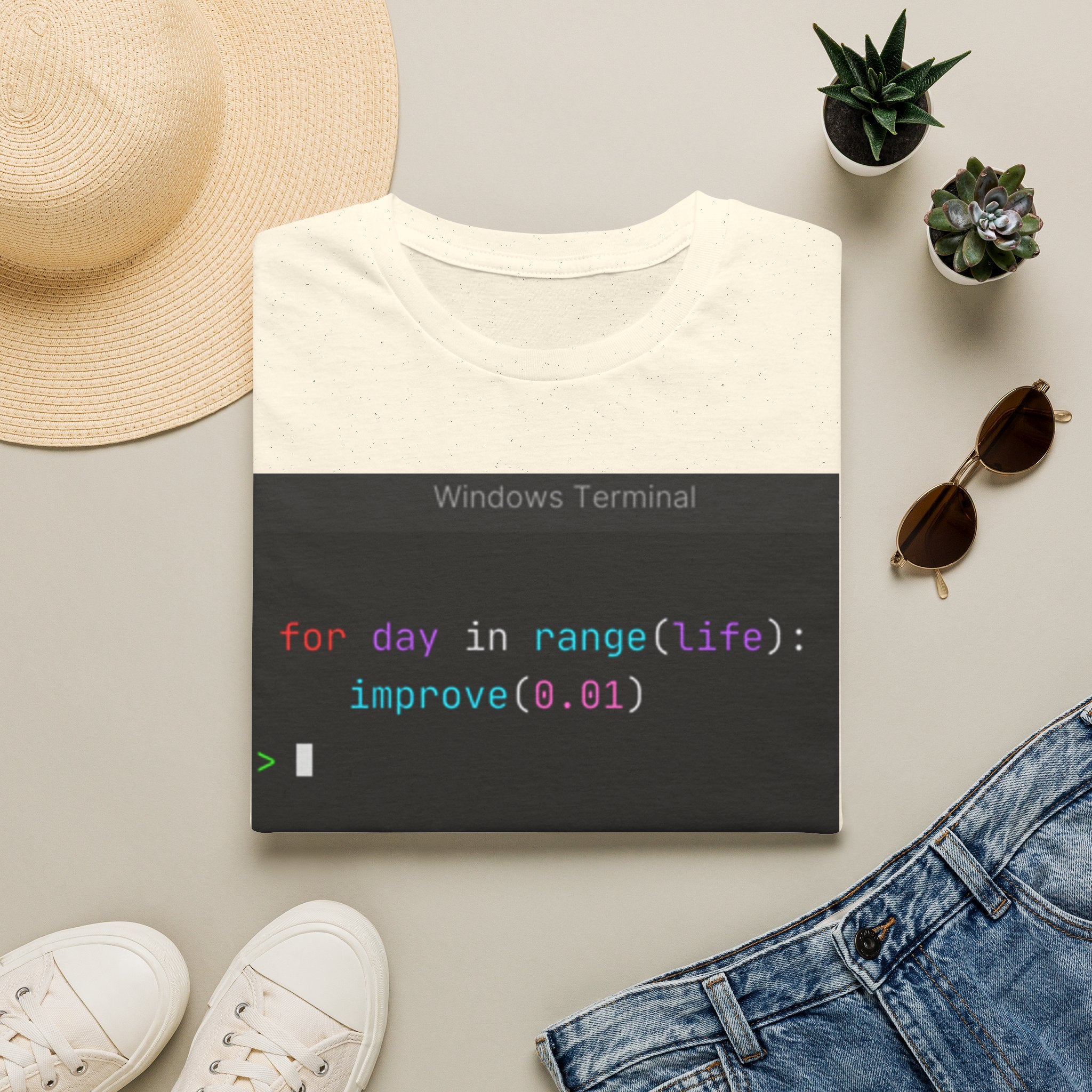 "for day in range(life): improve(0.01)" Coding Terminal Motivational Graphic T-Shirt