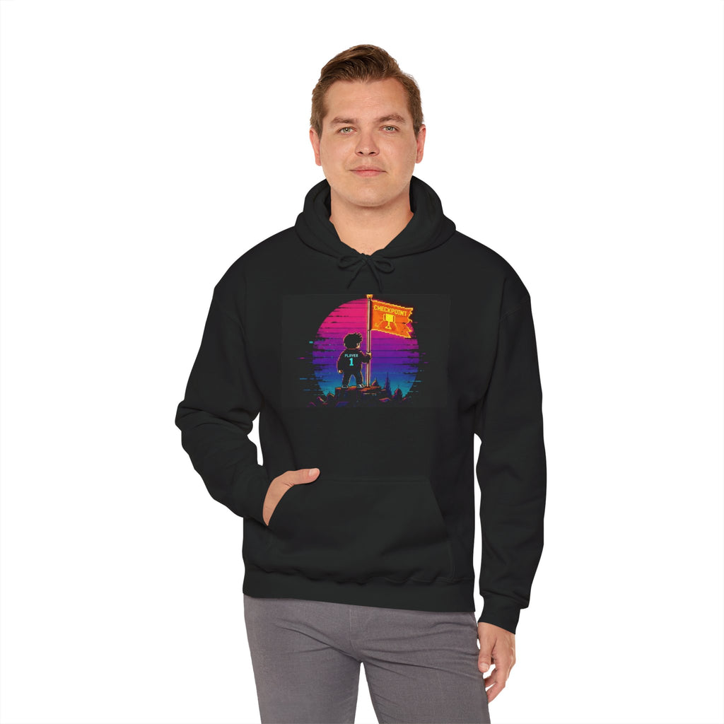 Retro Gamer "Player 1" Sunset Checkpoint Graphic Design Hoodie