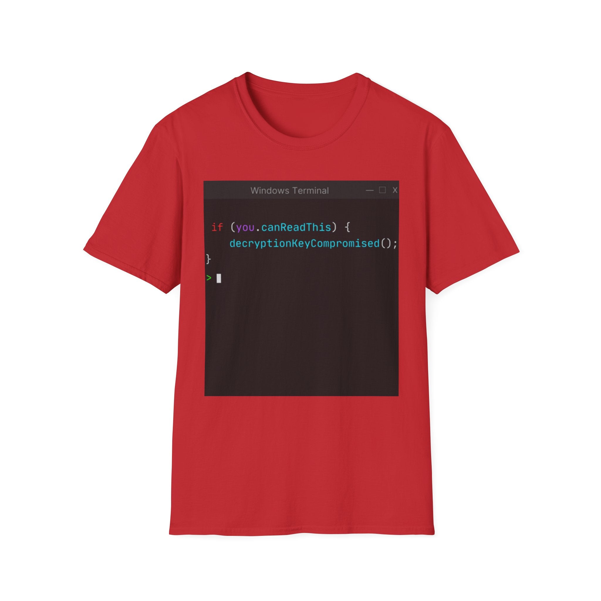 "if (you.canReadThis) { decryptionKeyCompromised(); }" Coding Terminal Tech Humor Graphic T-Shirt