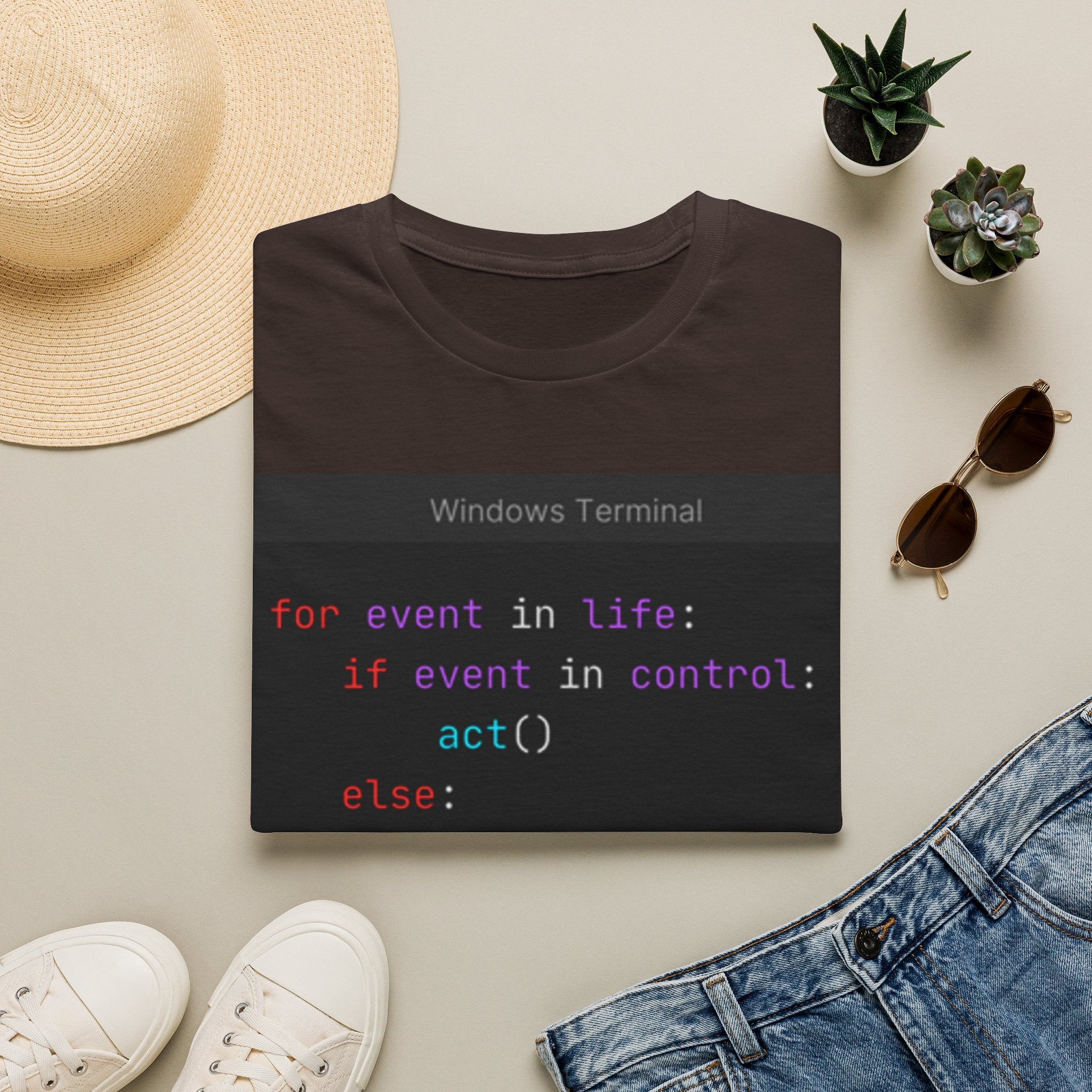 "for event in life: if event in control: act() else: accept()" Coding Terminal Tech Humor Graphic T-Shirt
