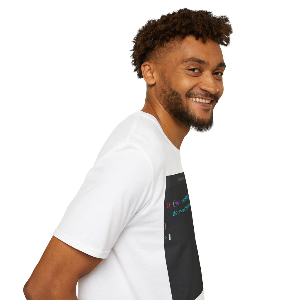 "if (you.canReadThis) { decryptionKeyCompromised(); }" Coding Terminal Tech Humor Graphic T-Shirt