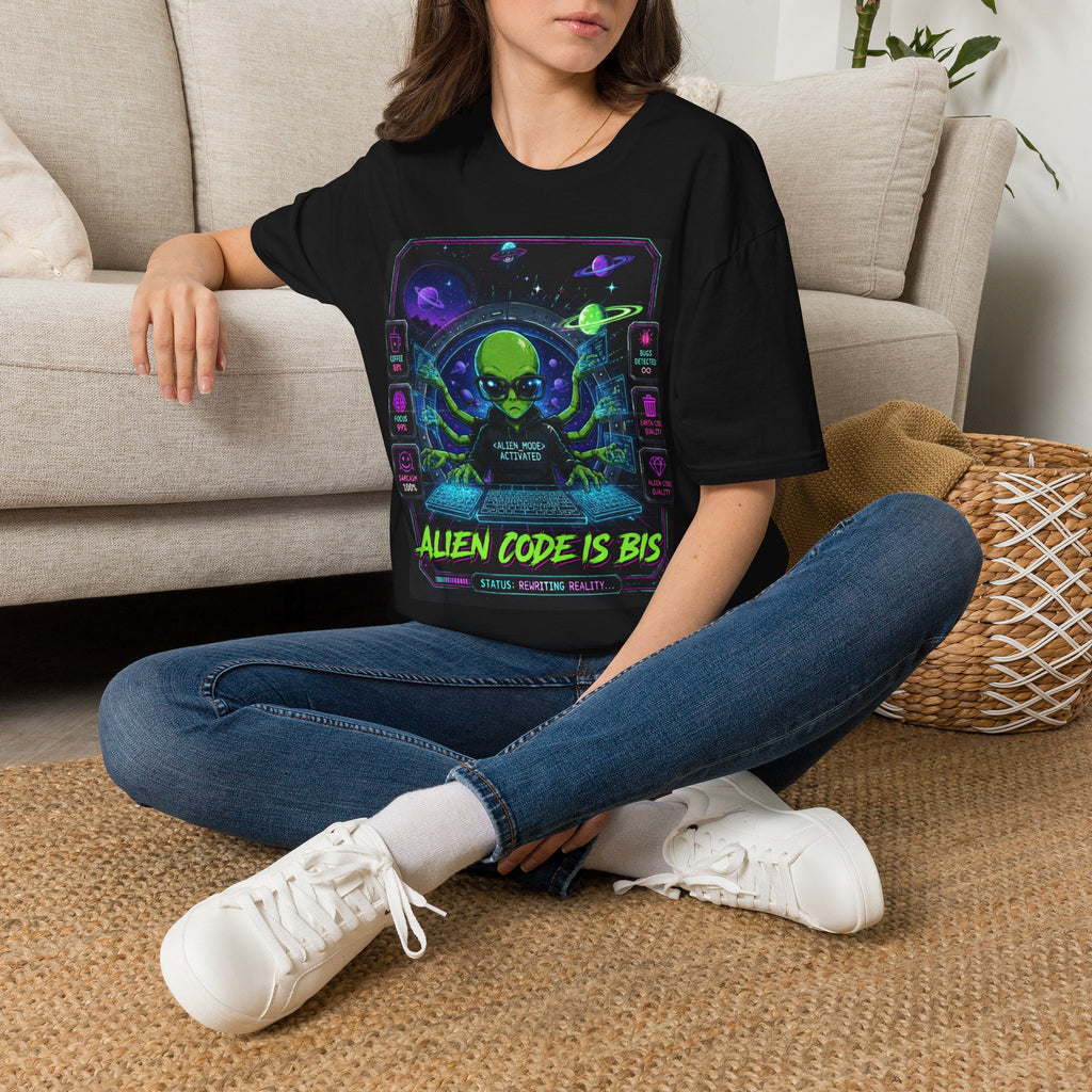 "Alien Code Is BIS" Neon Alien Programmer/Gamer Graphic Design T-Shirt