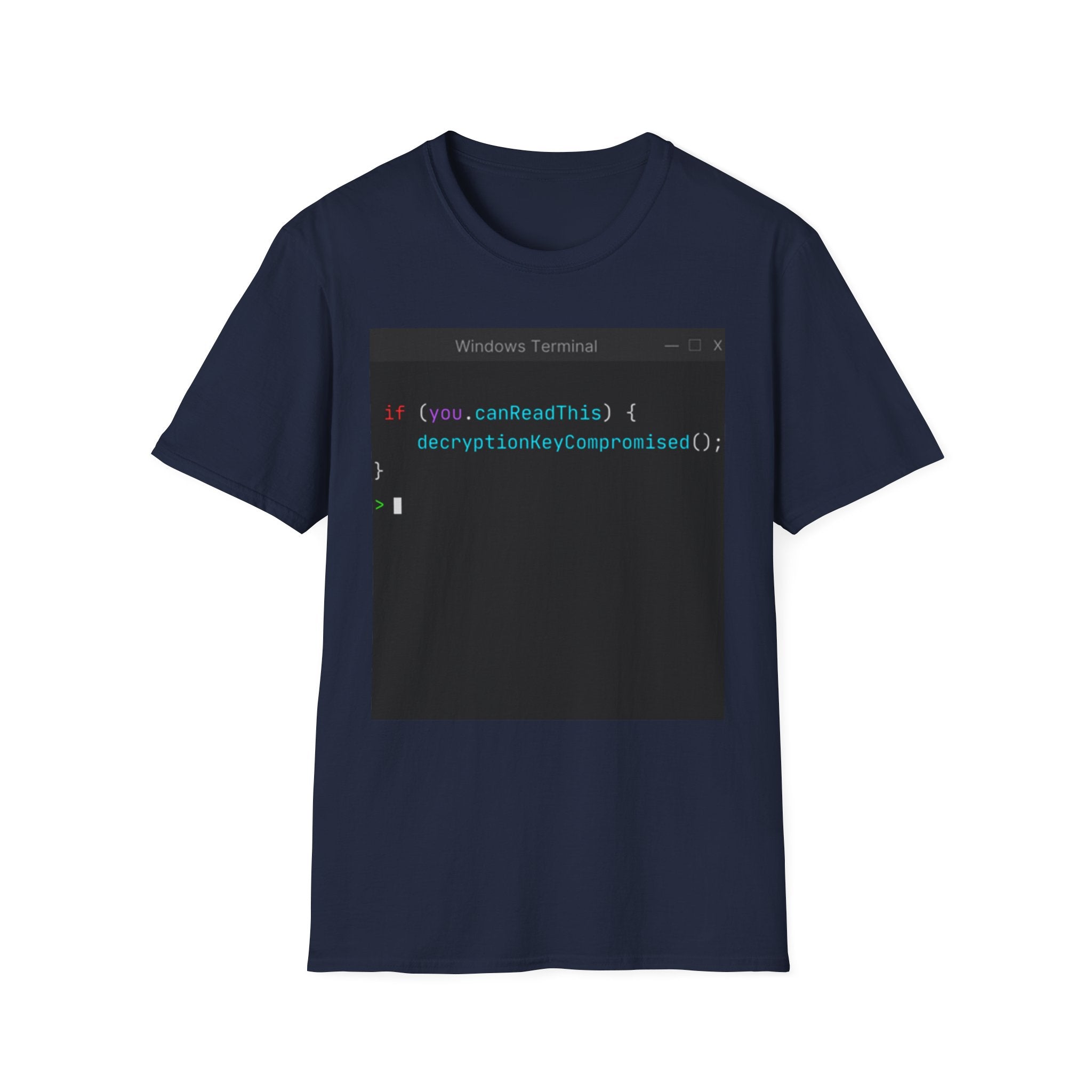 "if (you.canReadThis) { decryptionKeyCompromised(); }" Coding Terminal Tech Humor Graphic T-Shirt