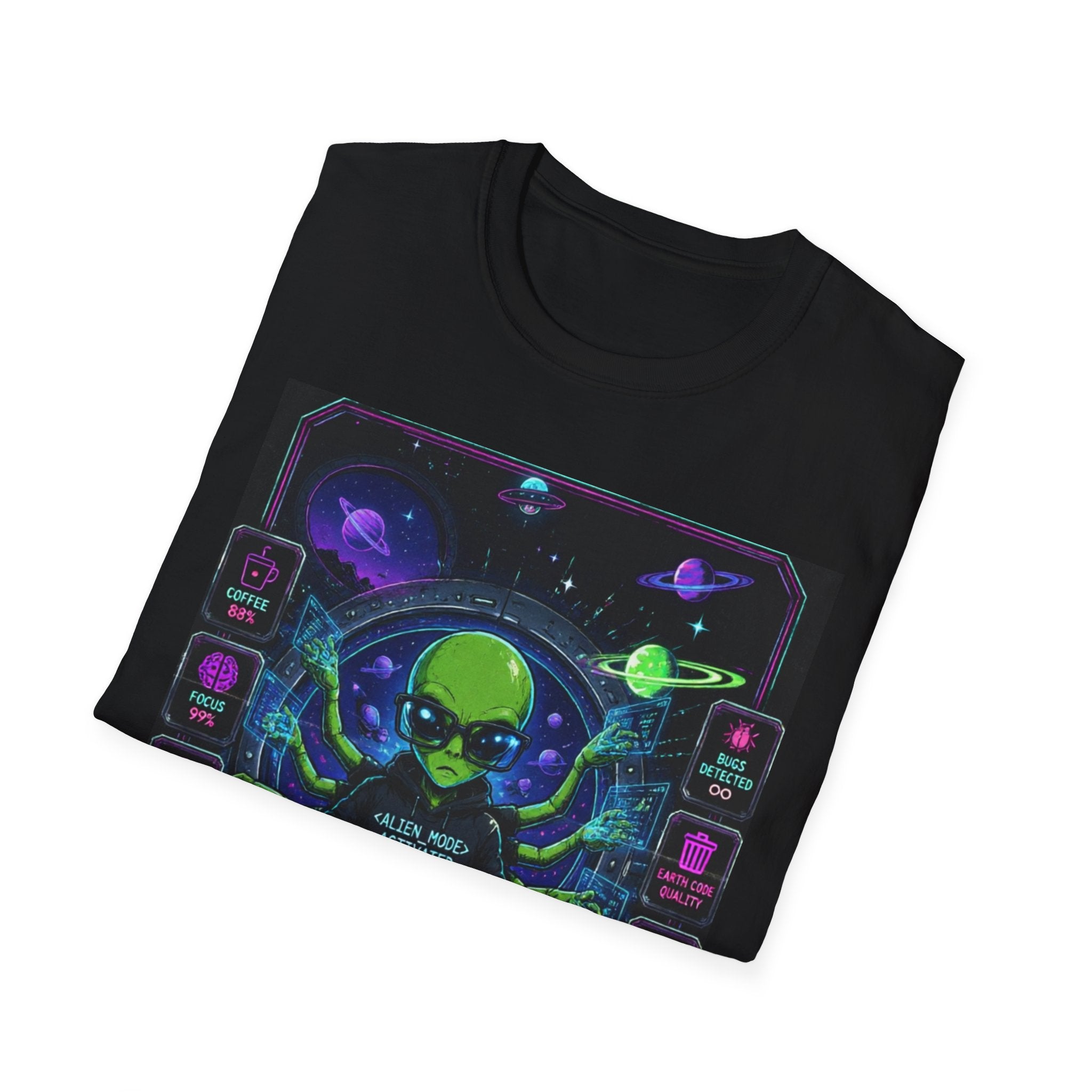 "Alien Code Is BIS" Neon Alien Programmer/Gamer Graphic Design T-Shirt