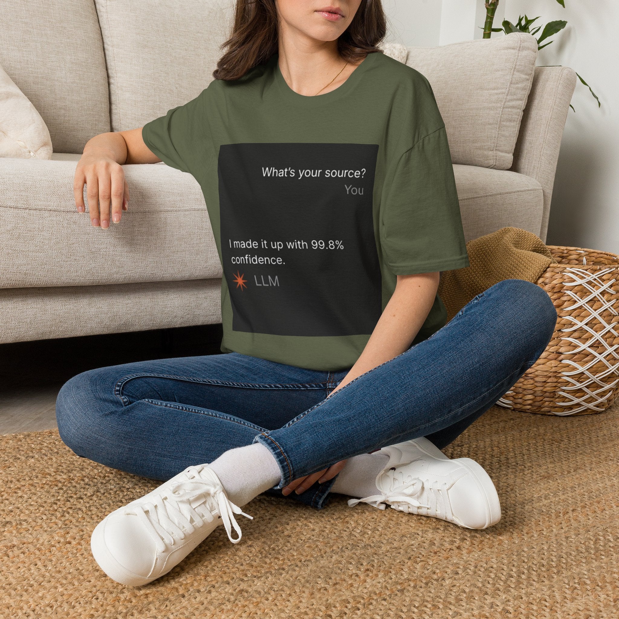 AI Chat (LLM) Tech Humor Graphic T-Shirt — "What's your source?"