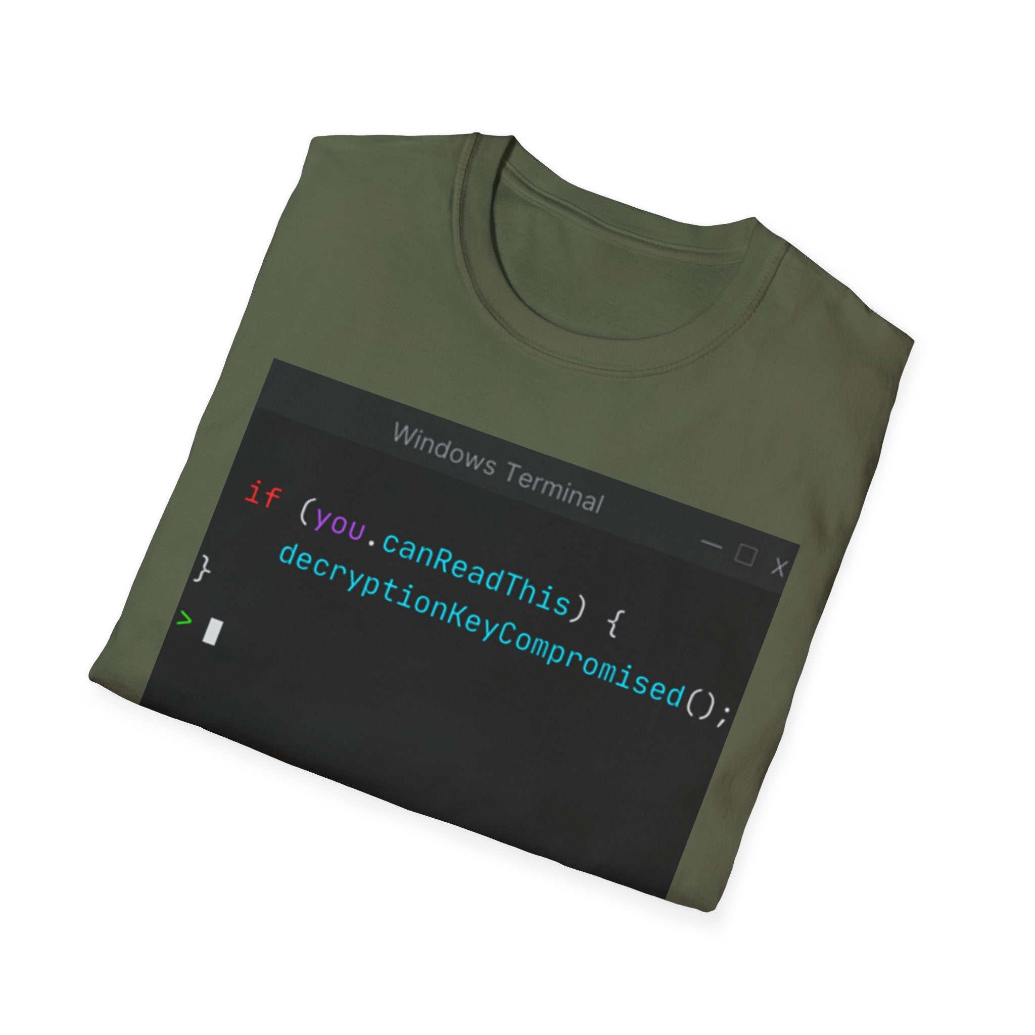 "if (you.canReadThis) { decryptionKeyCompromised(); }" Coding Terminal Tech Humor Graphic T-Shirt