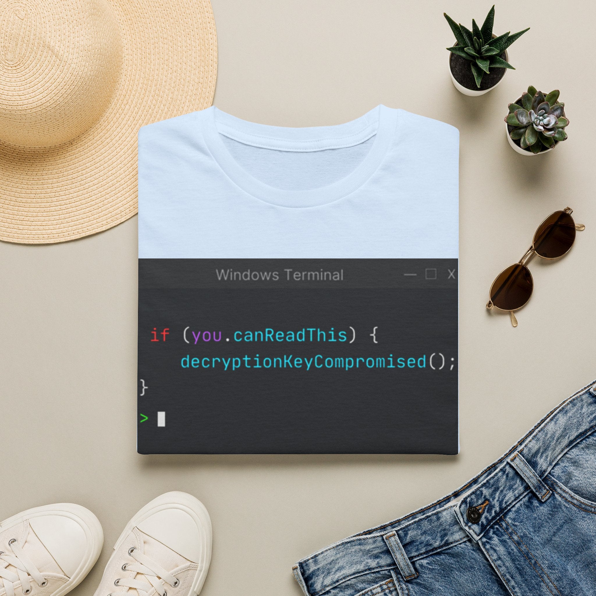 "if (you.canReadThis) { decryptionKeyCompromised(); }" Coding Terminal Tech Humor Graphic T-Shirt