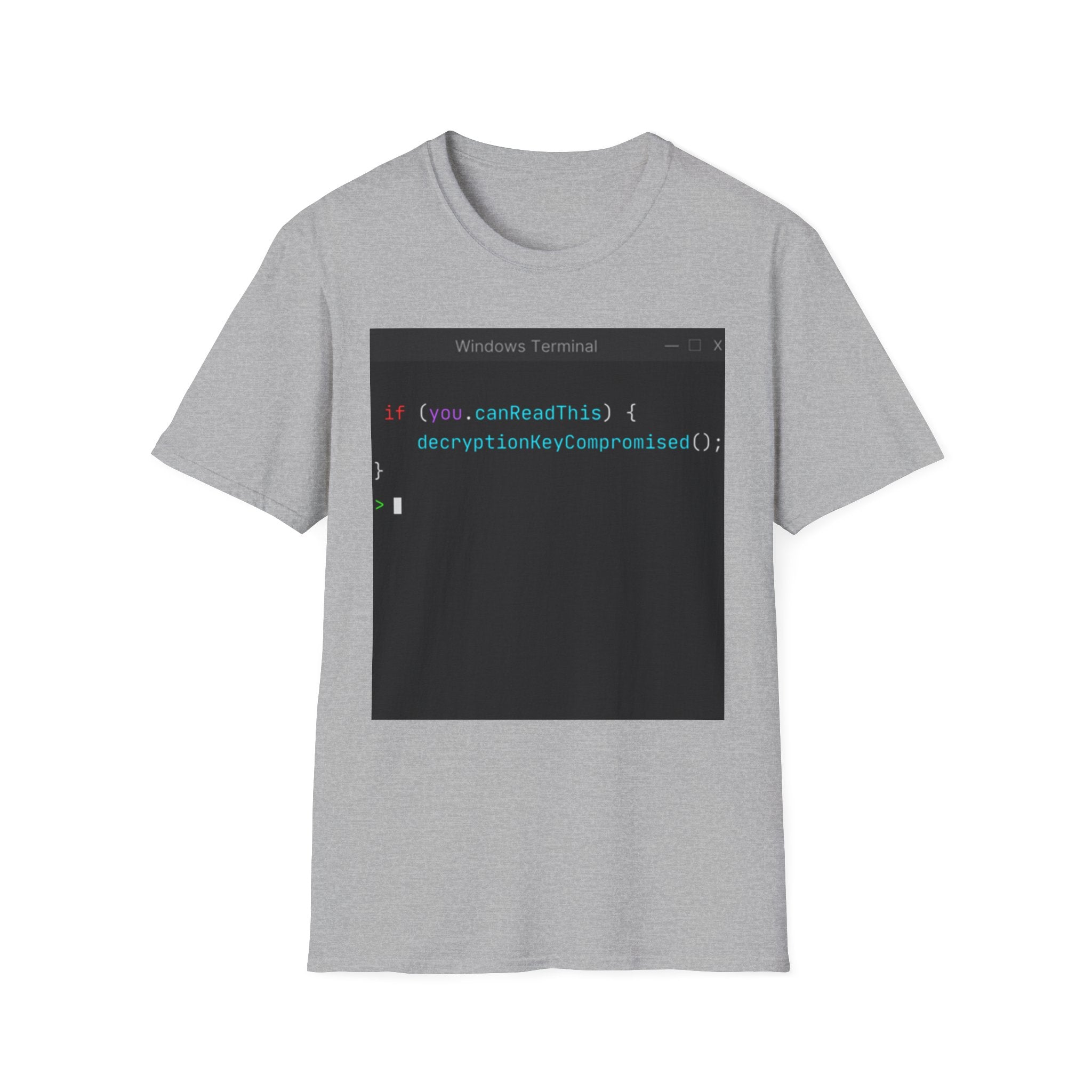 "if (you.canReadThis) { decryptionKeyCompromised(); }" Coding Terminal Tech Humor Graphic T-Shirt