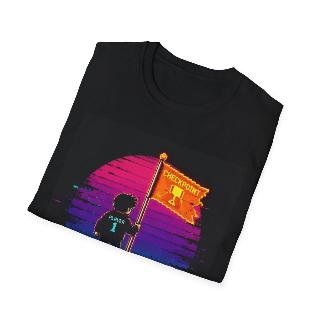 Retro Gamer "Player 1" Sunset Checkpoint Graphic Design T‑Shirt