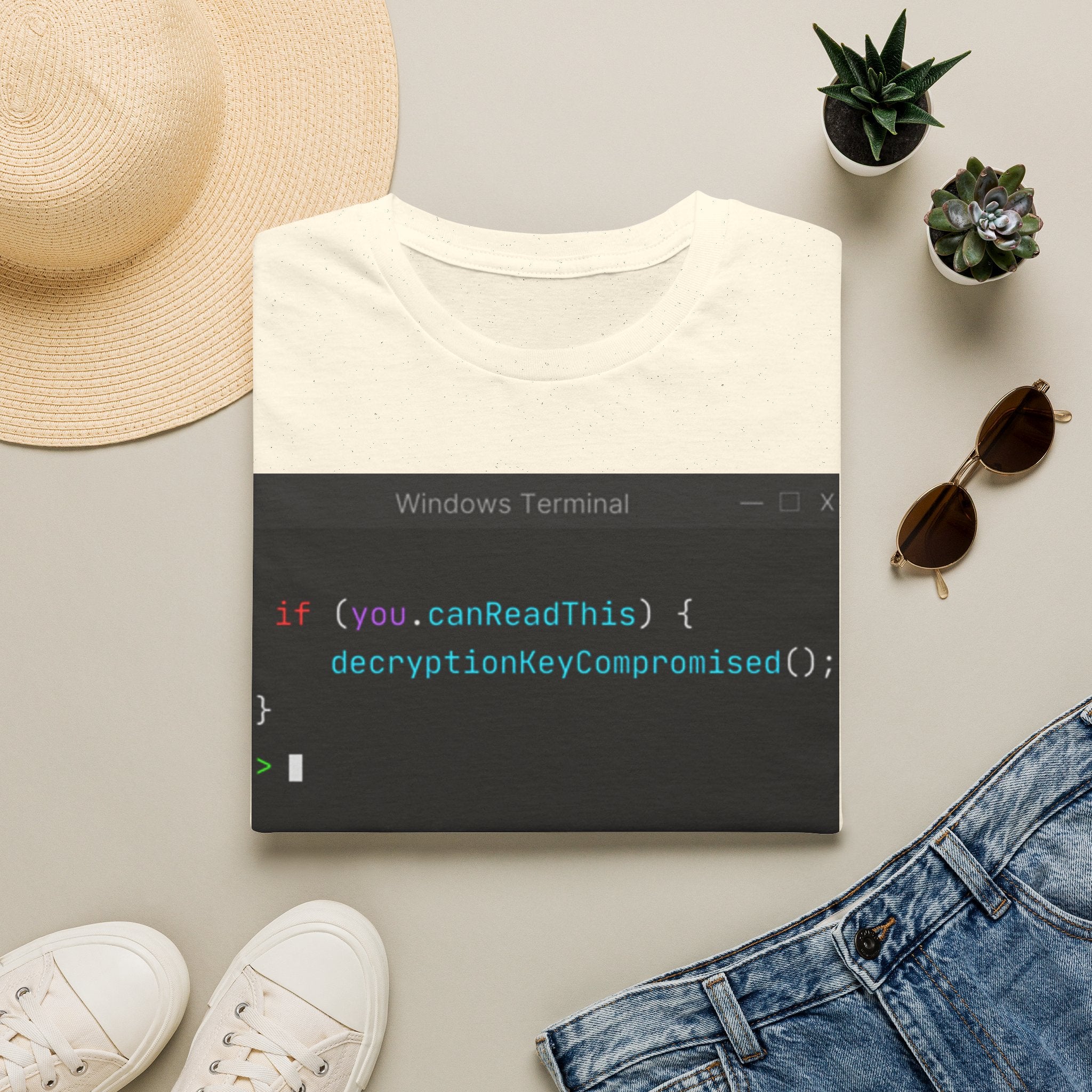 "if (you.canReadThis) { decryptionKeyCompromised(); }" Coding Terminal Tech Humor Graphic T-Shirt