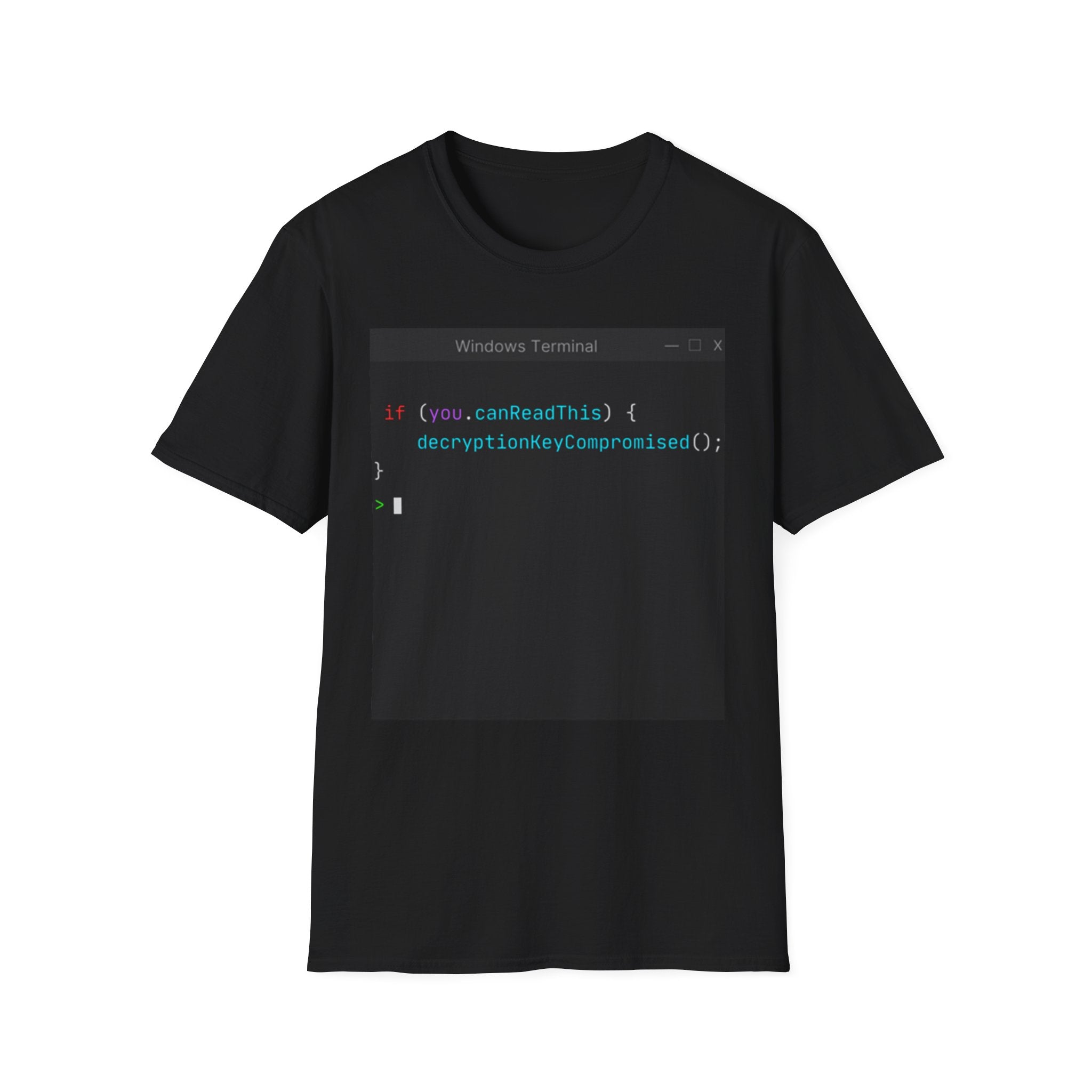 "if (you.canReadThis) { decryptionKeyCompromised(); }" Coding Terminal Tech Humor Graphic T-Shirt
