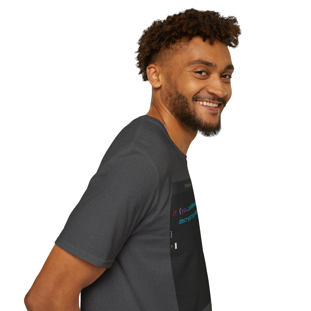 "if (you.canReadThis) { decryptionKeyCompromised(); }" Coding Terminal Tech Humor Graphic T-Shirt