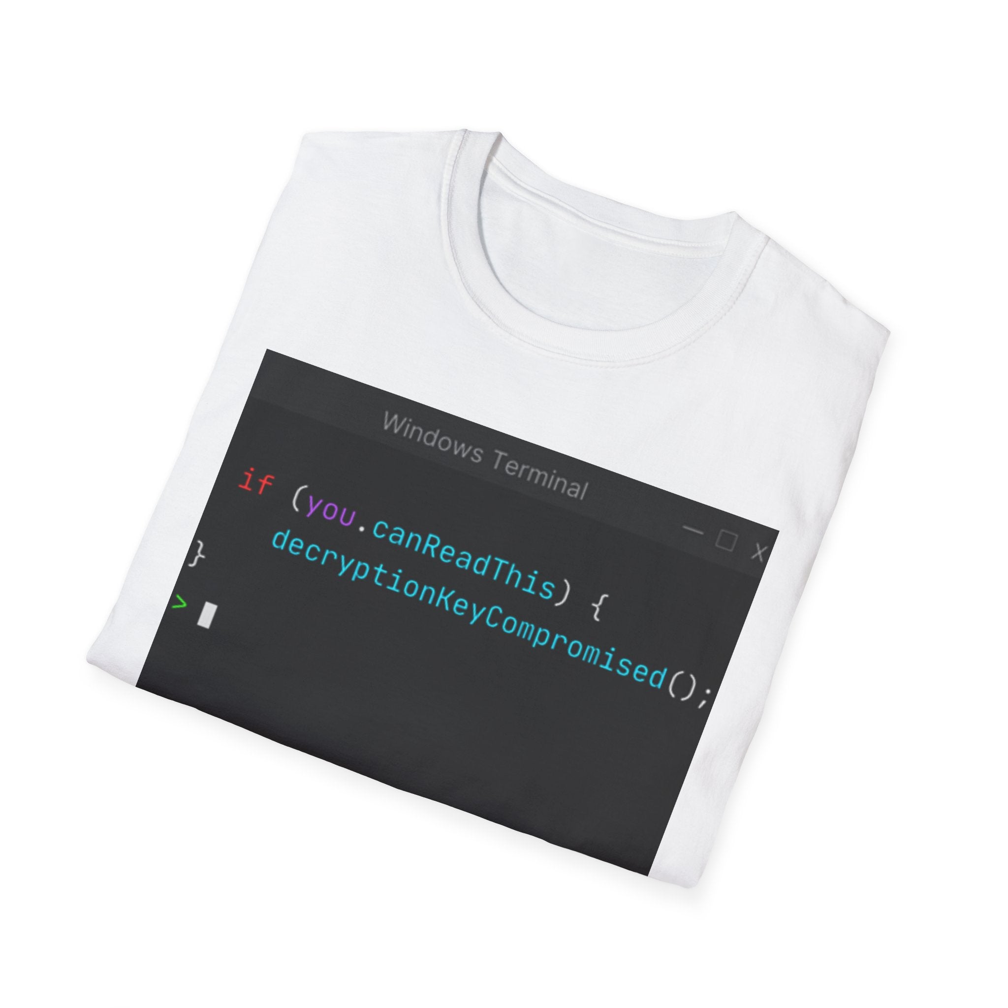 "if (you.canReadThis) { decryptionKeyCompromised(); }" Coding Terminal Tech Humor Graphic T-Shirt