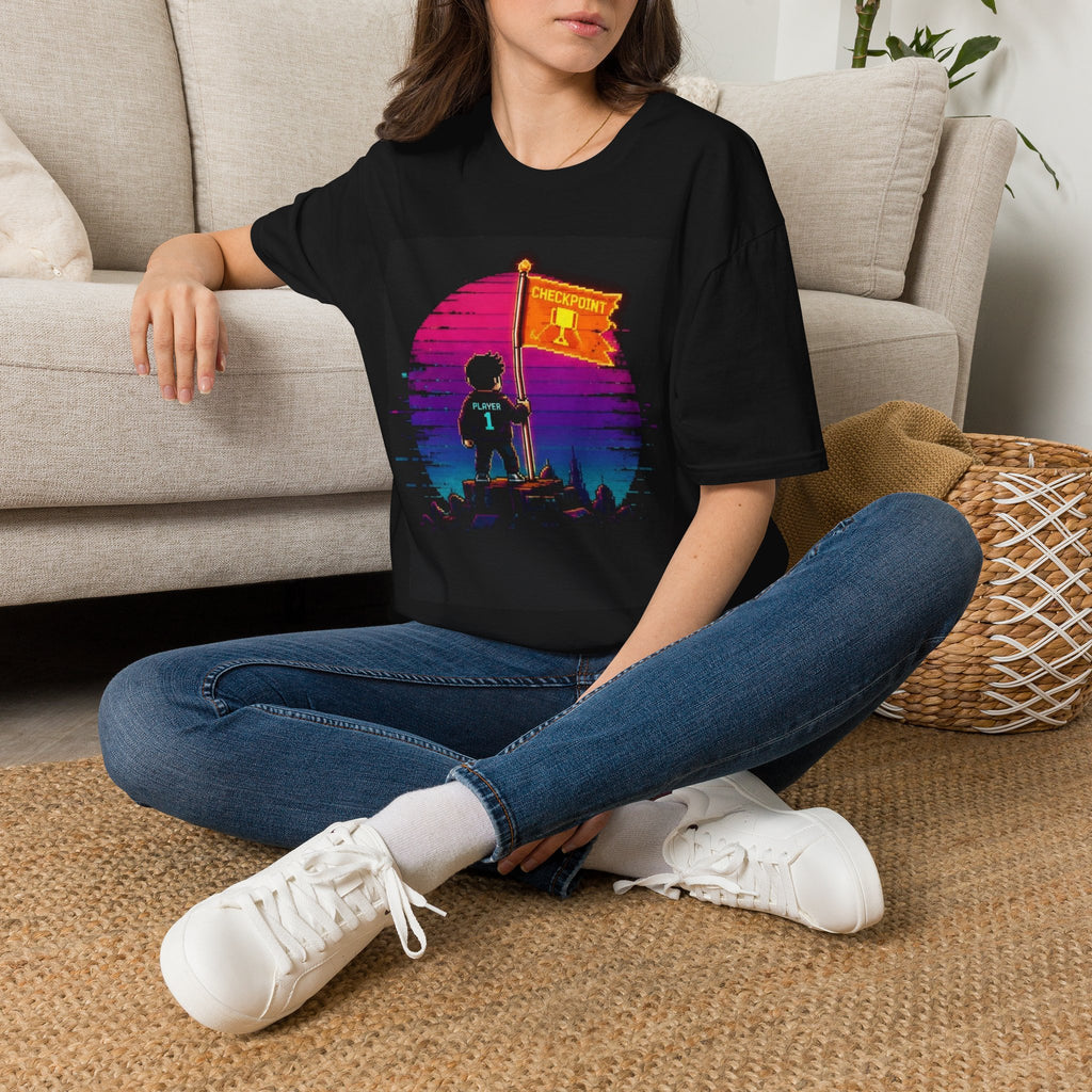 Retro Gamer "Player 1" Sunset Checkpoint Graphic Design T‑Shirt