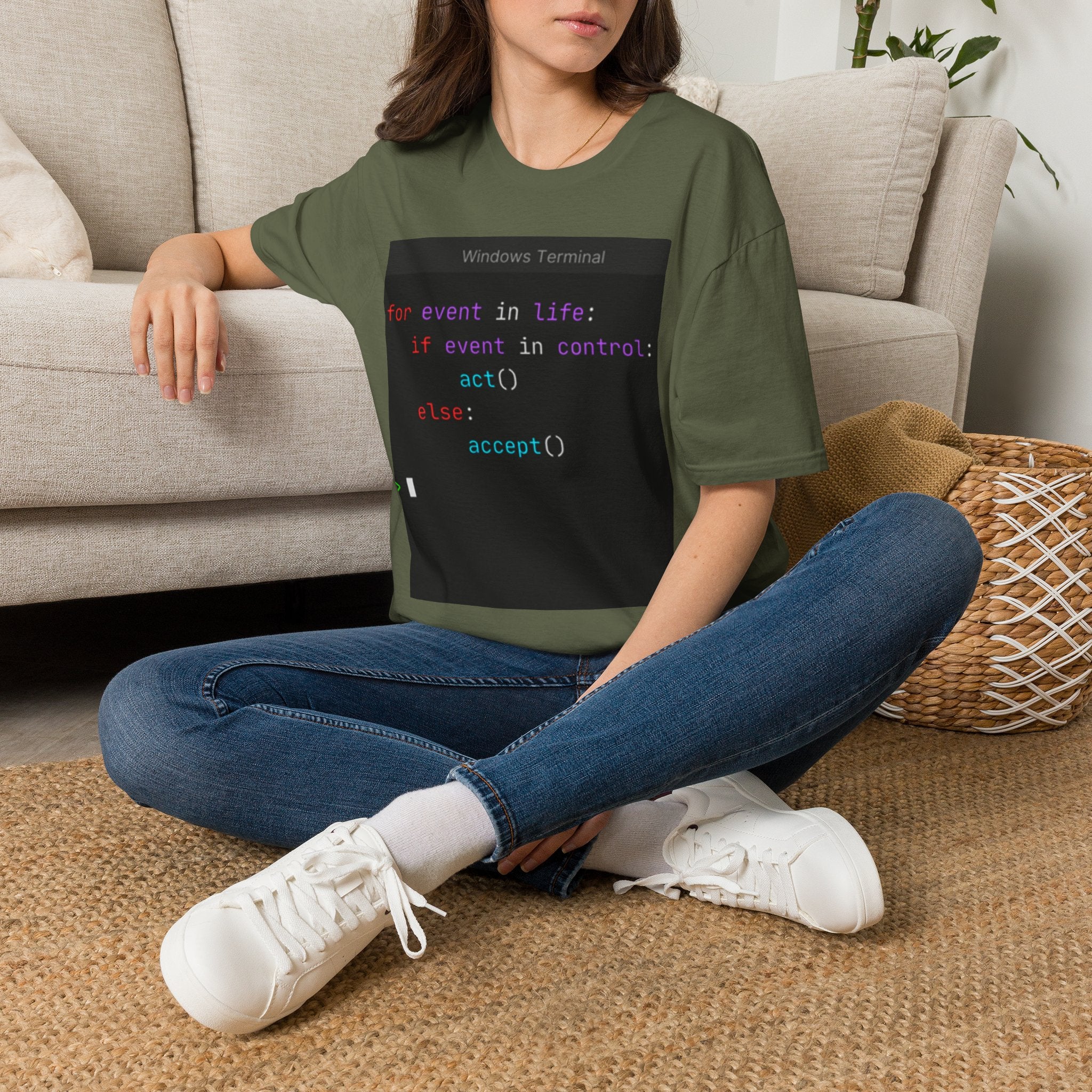"for event in life: if event in control: act() else: accept()" Coding Terminal Tech Humor Graphic T-Shirt