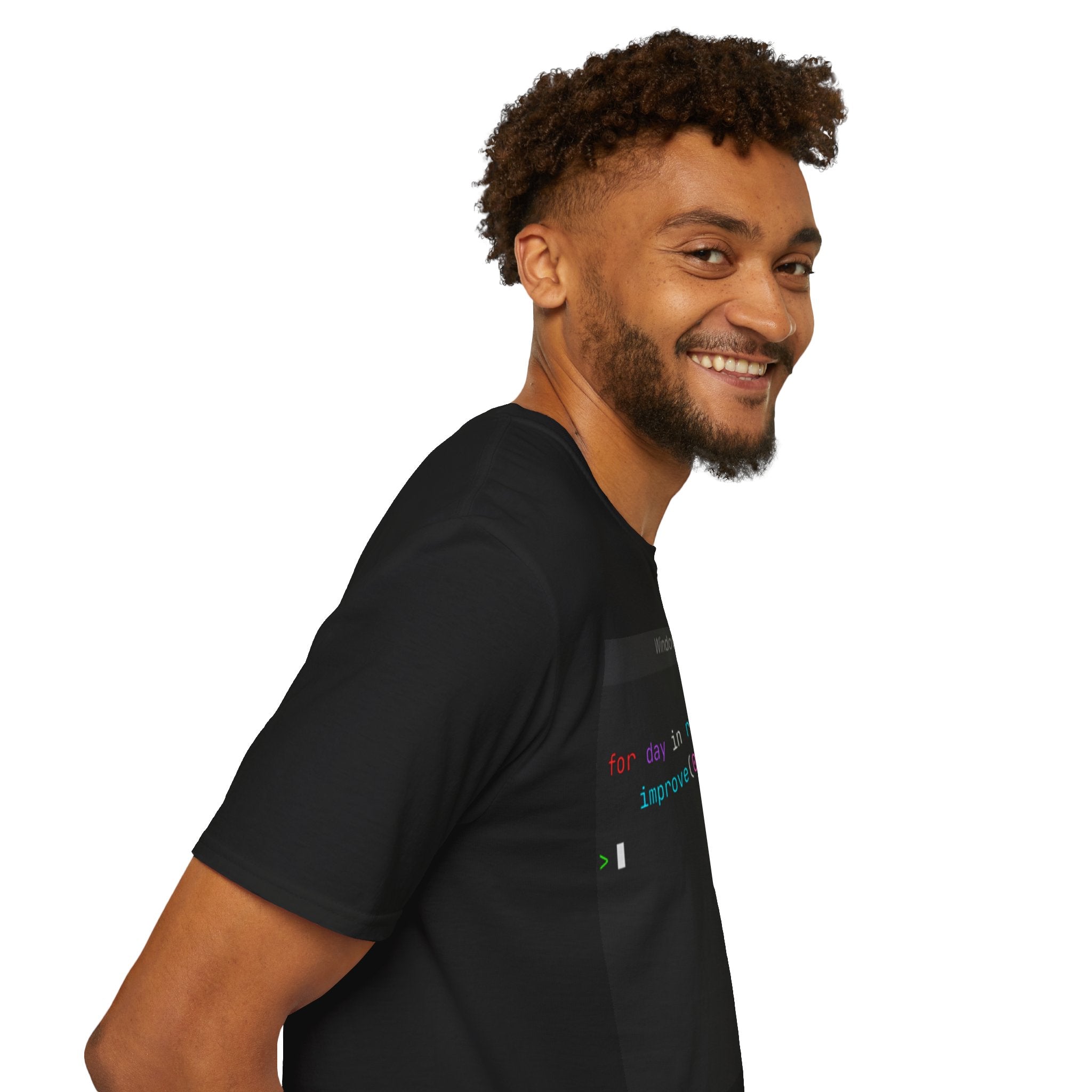 "for day in range(life): improve(0.01)" Coding Terminal Motivational Graphic T-Shirt
