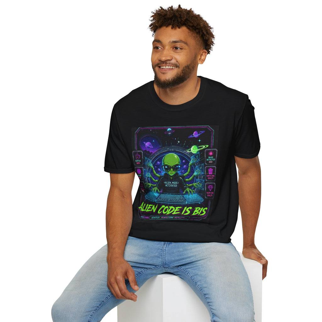 "Alien Code Is BIS" Neon Alien Programmer/Gamer Graphic Design T-Shirt