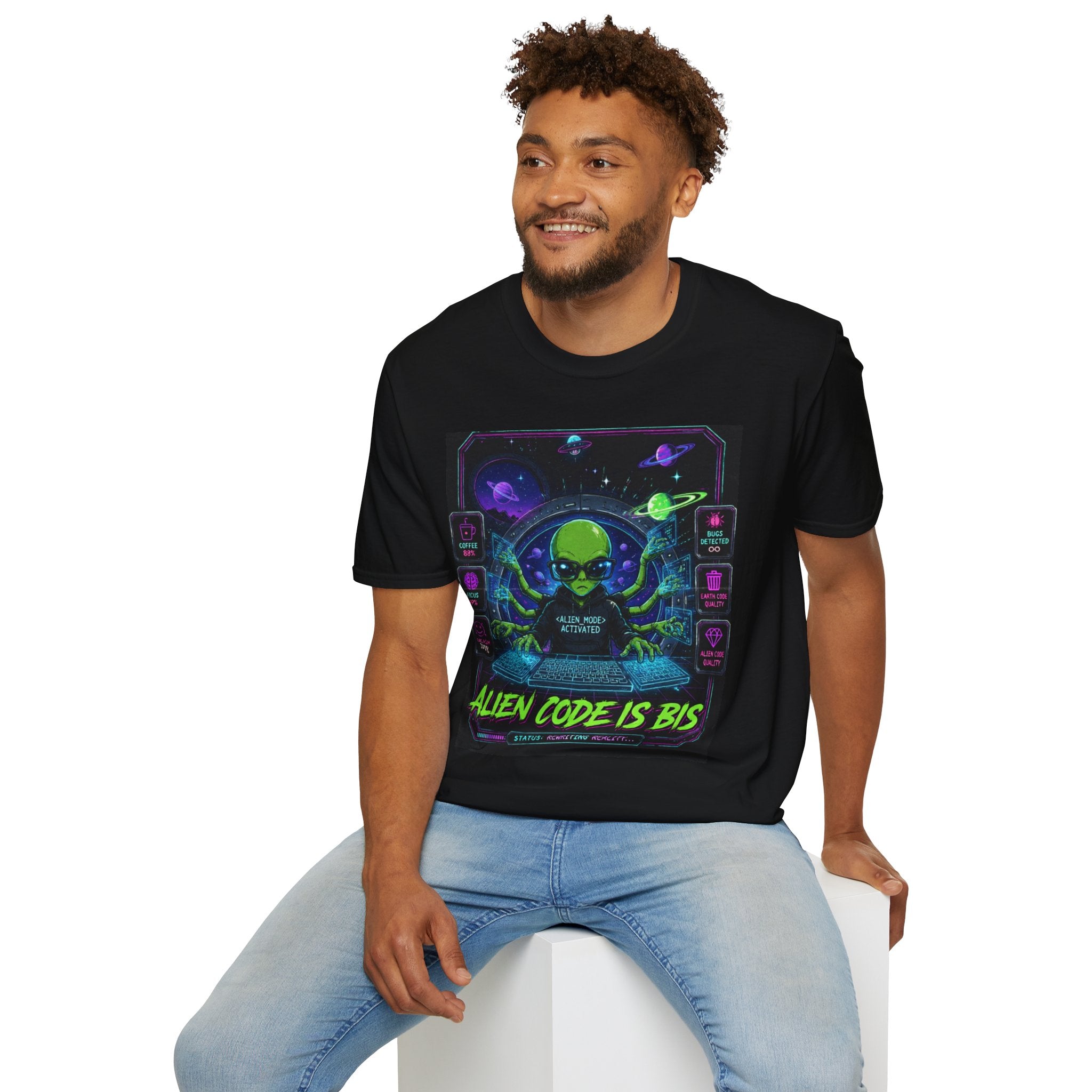 "Alien Code Is BIS" Neon Alien Programmer/Gamer Graphic Design T-Shirt