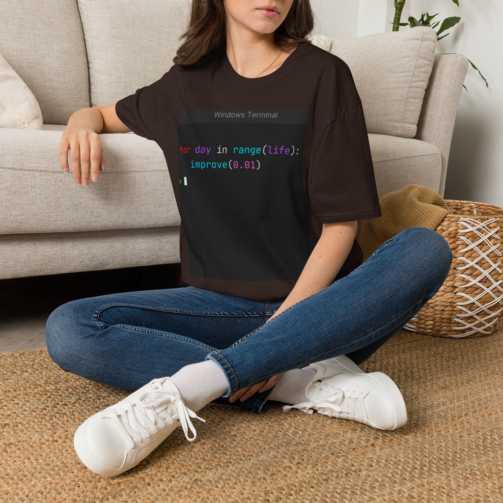 "for day in range(life): improve(0.01)" Coding Terminal Motivational Graphic T-Shirt
