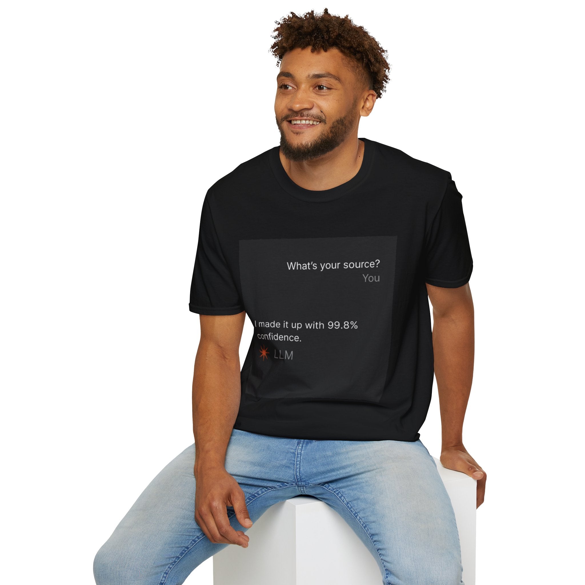 AI Chat (LLM) Tech Humor Graphic T-Shirt — "What's your source?"