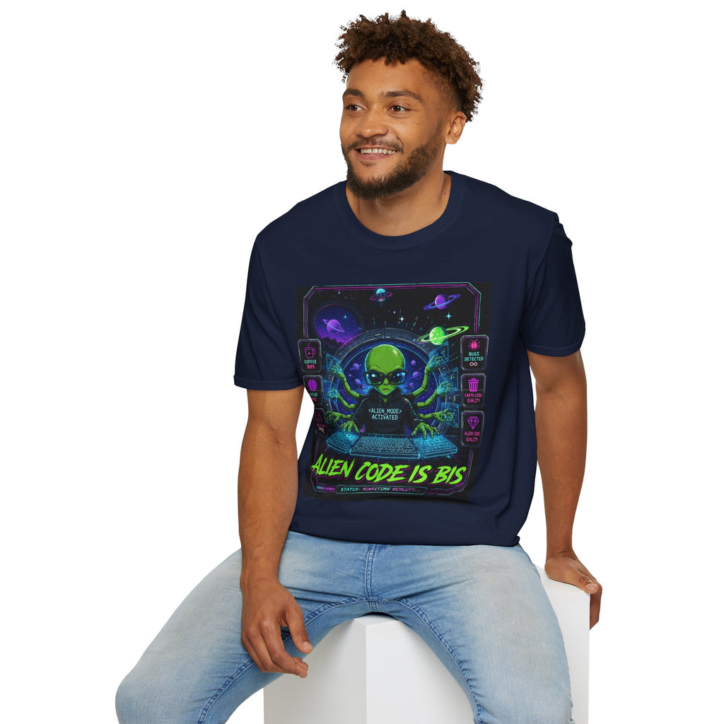 "Alien Code Is BIS" Neon Alien Programmer/Gamer Graphic Design T-Shirt