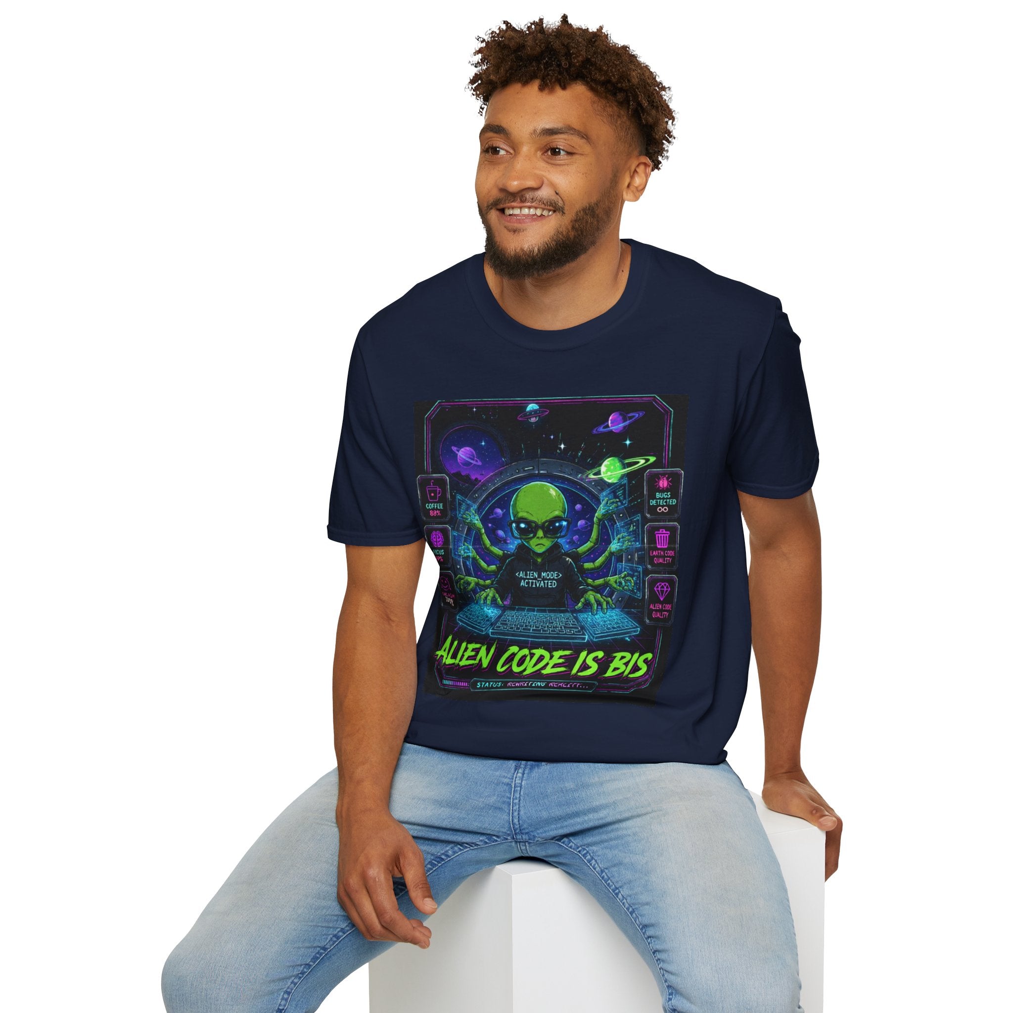 "Alien Code Is BIS" Neon Alien Programmer/Gamer Graphic Design T-Shirt