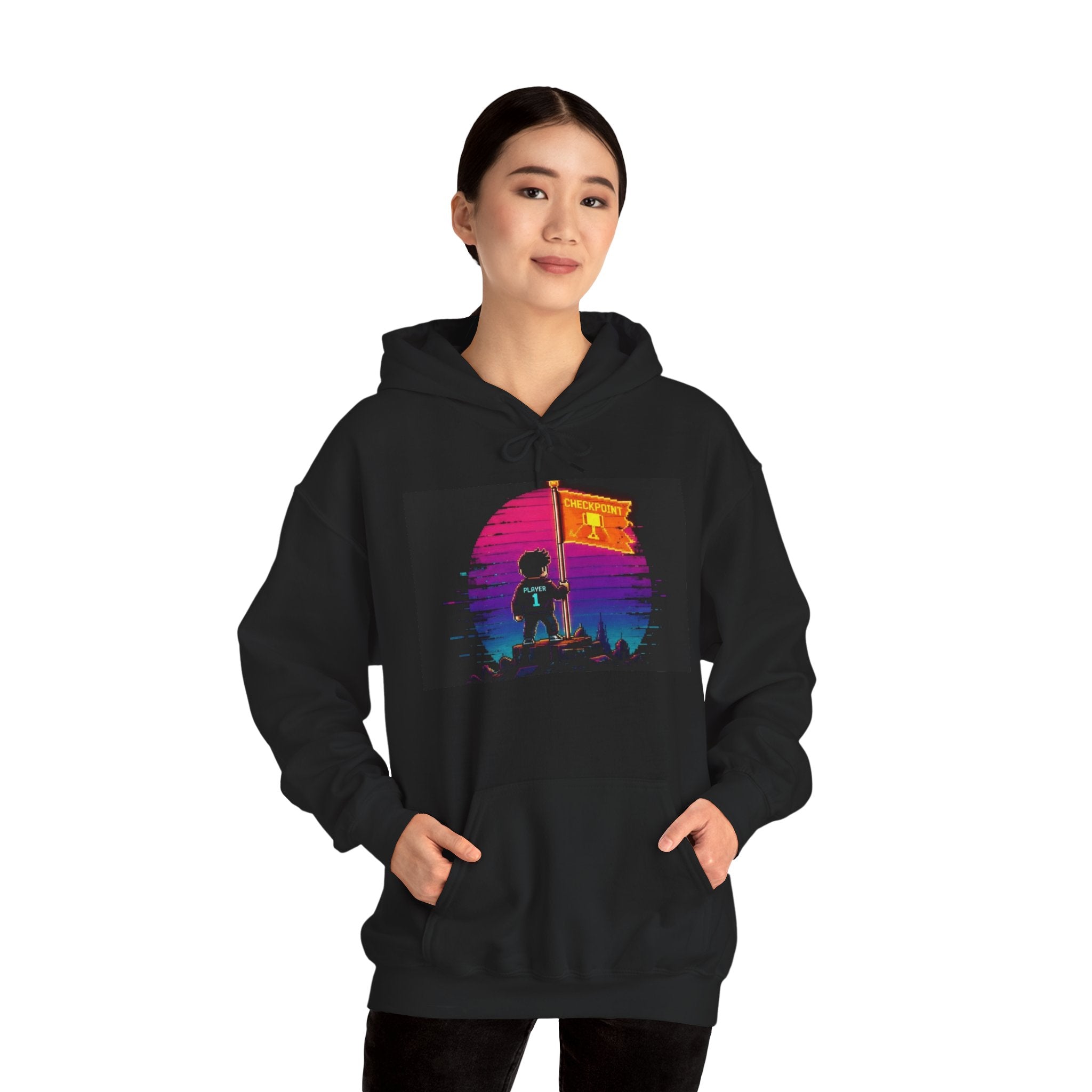 Retro Gamer "Player 1" Sunset Checkpoint Graphic Design Hoodie
