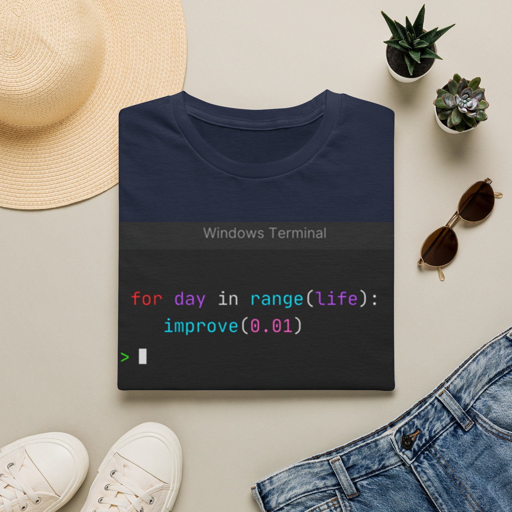 "for day in range(life): improve(0.01)" Coding Terminal Motivational Graphic T-Shirt